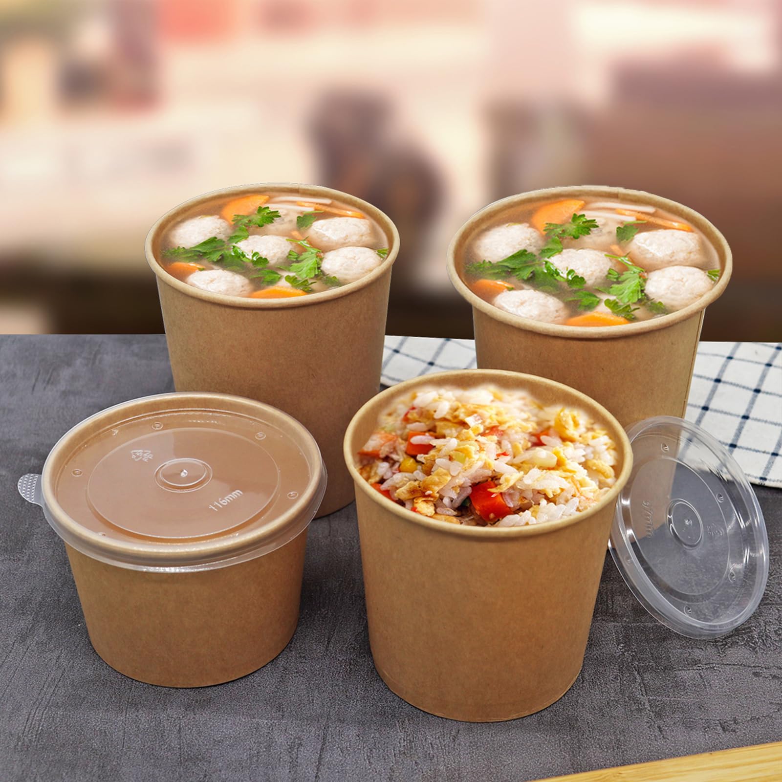 Paquete de 100 recipientes de papel de 8 onzas con tapas, vasos desechables de papel kraft para alimentos, recipientes de sopa resistentes para llevar, cuencos de postre para helado, yogur,