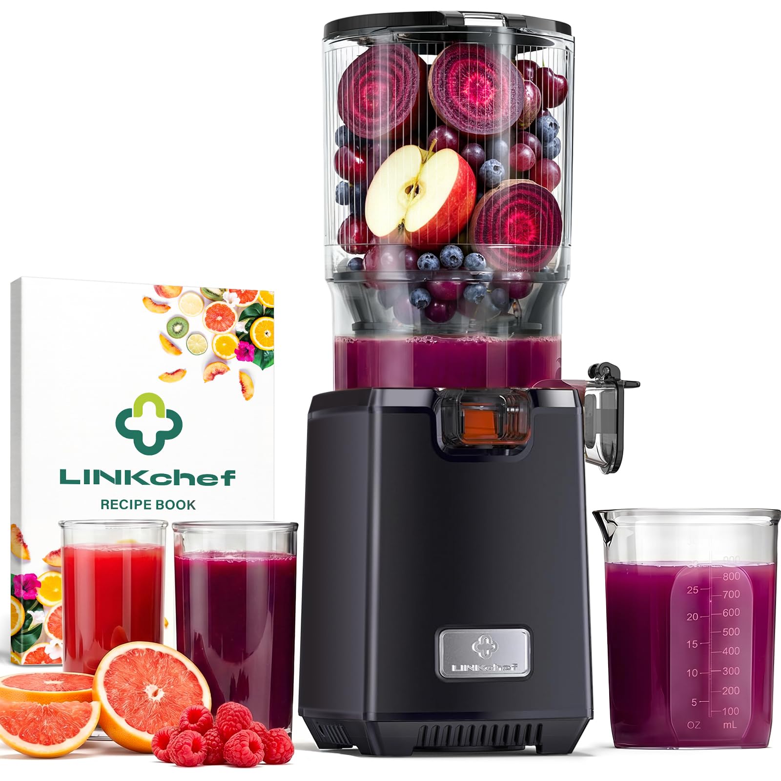 LINKChef Estrattore Frutta e Verdura, Estrattore di Succo a Freddo 250 W con Imboccatura Larga 13 cm, Juicer Machine Senza BPA, 1,8 L, Facile da Pulire, Ricette Incluse