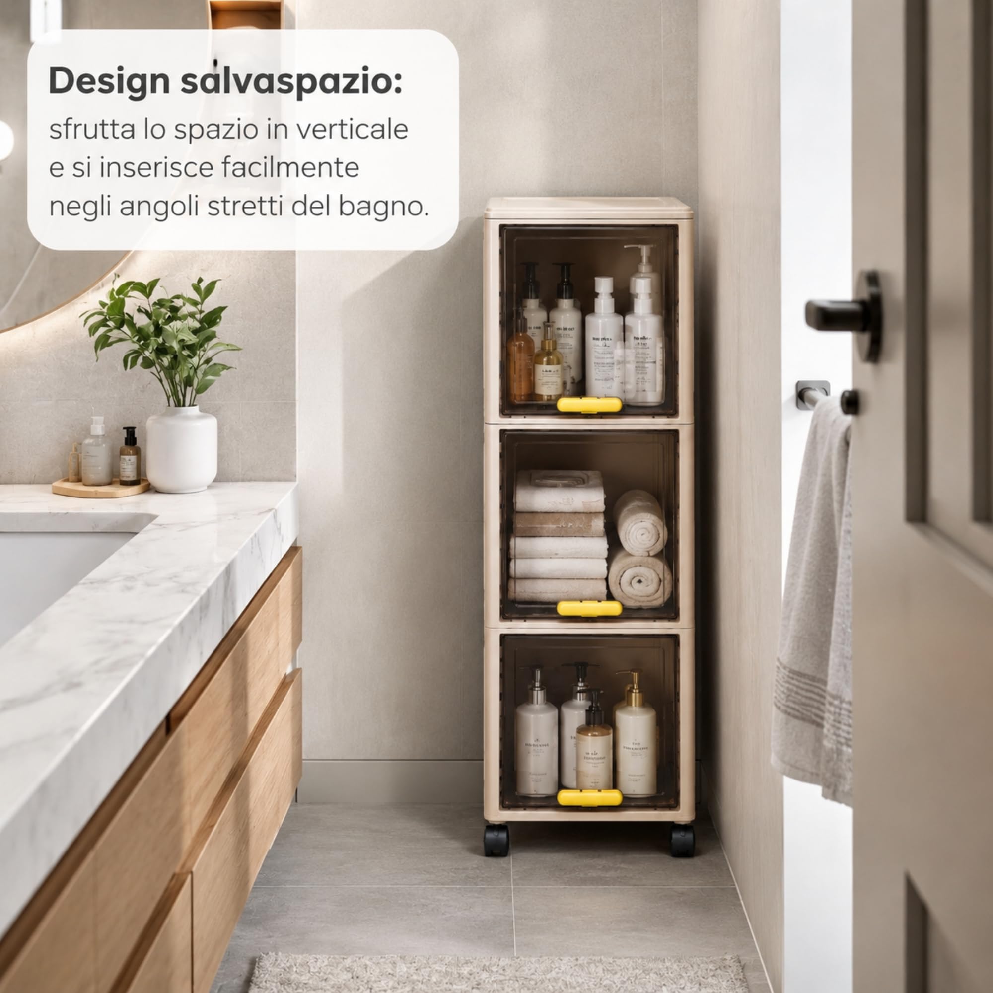 Mobiletto Bagno Salvaspazio 3 Livelli con Ruote - Organizer Salvaspazio ROBUSTO e Ante Trasparenti (20x30x85,5 cm) per Bagno,Cucina e Lavanderia - Carrello Portaoggetti Verticale - Facile da Montare