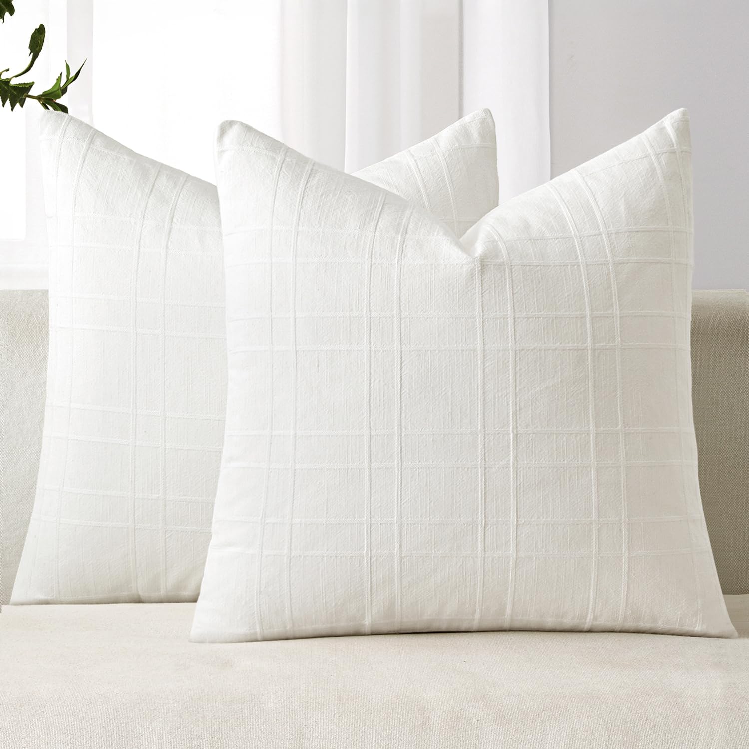 MIULEE Linen Plaid Pillow Covers Decorative Euro 26x26 Cream White