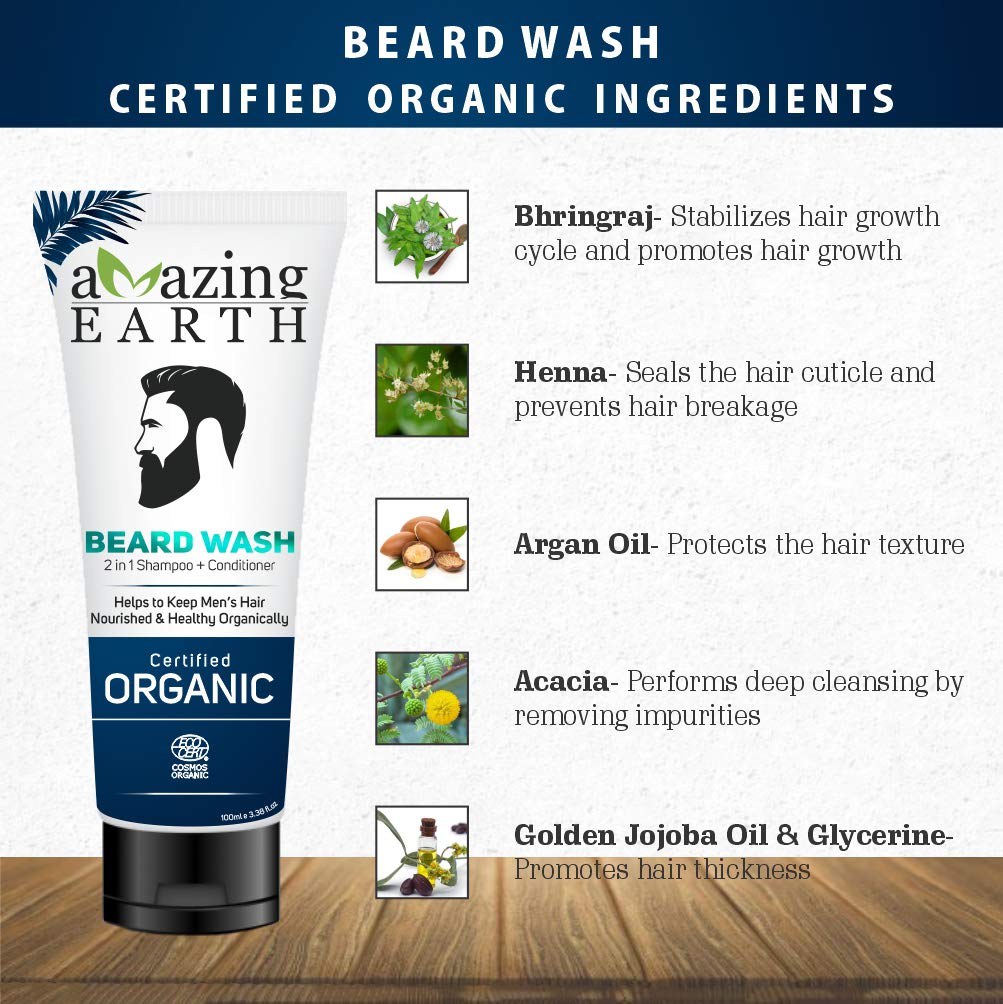 AMAzing EARTH Certified Organic Beard Oil and Beard Wash Combo for Hair Growth Oil, Non-Sticky, Conditioning, Hard Curly Beard, Sulphate & Paraben Free 1