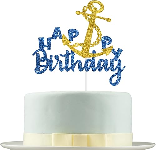 Decoración para tartas de cumpleaños con texto en inglés "Anchor Happy Birthday", decoración de pastel de ancla de barco para fiesta de cumpleaños