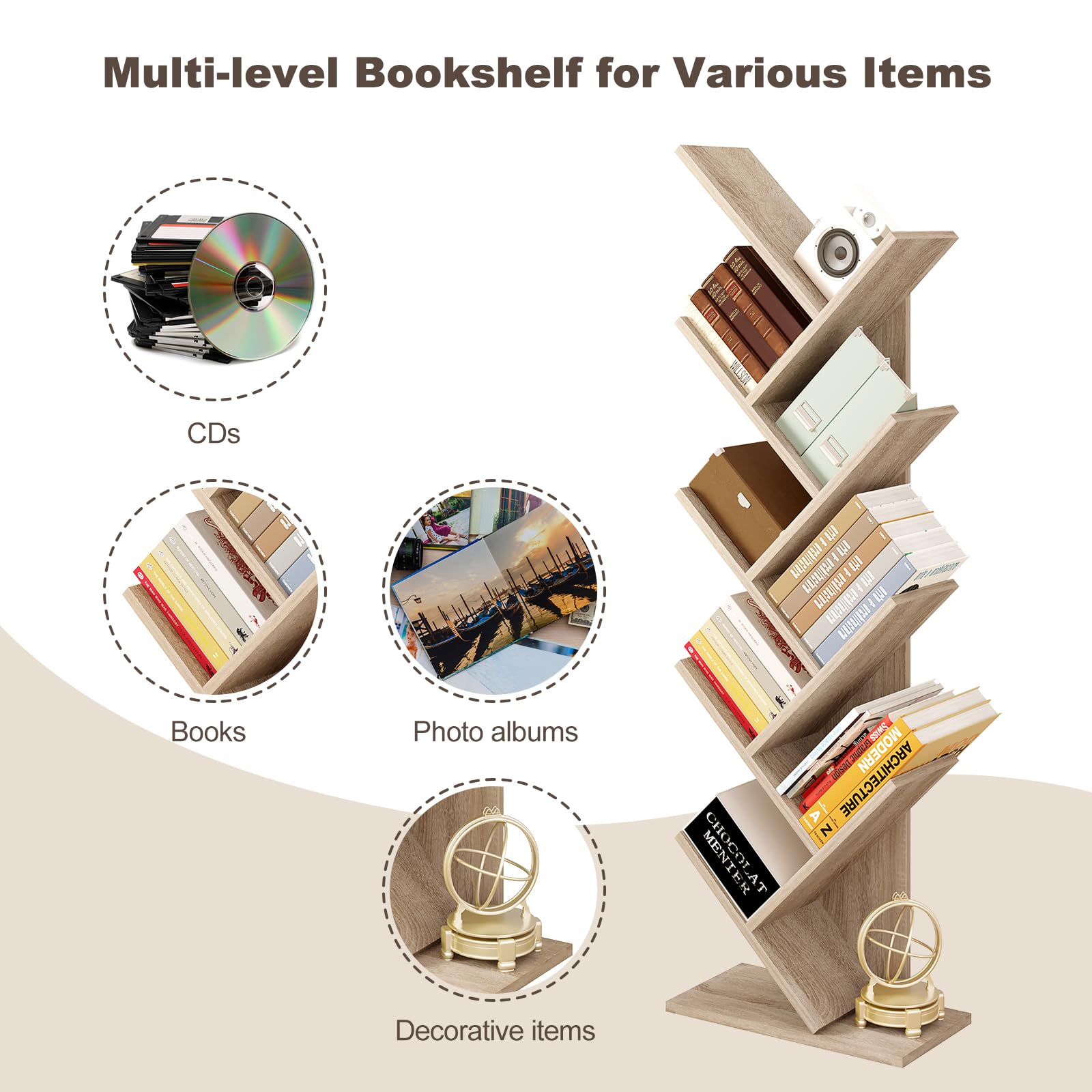 EUGAD Estantería para Libros Librería de Árbol de Almacenamiento de Oficina Estante Soporte de CD DVD con 8 Niveles, 40x20x127cm, Roble Claro