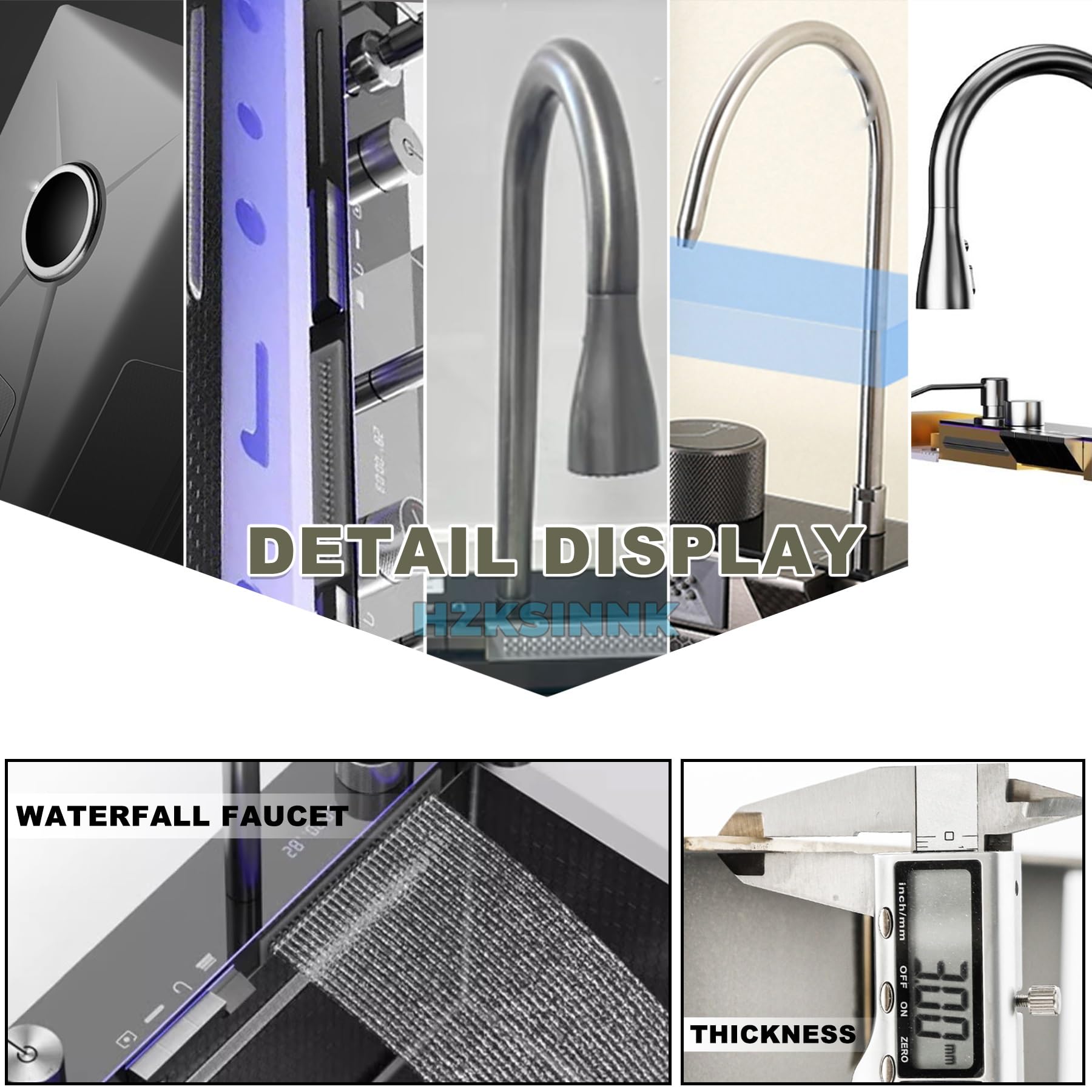 HZKSINNK 75 x 45 cm, lavello da cucina con due cascate, 1 vasca, nero, multifunzione, in acciaio inox, con rubinetti estraibili, lavavetri e set di scarico