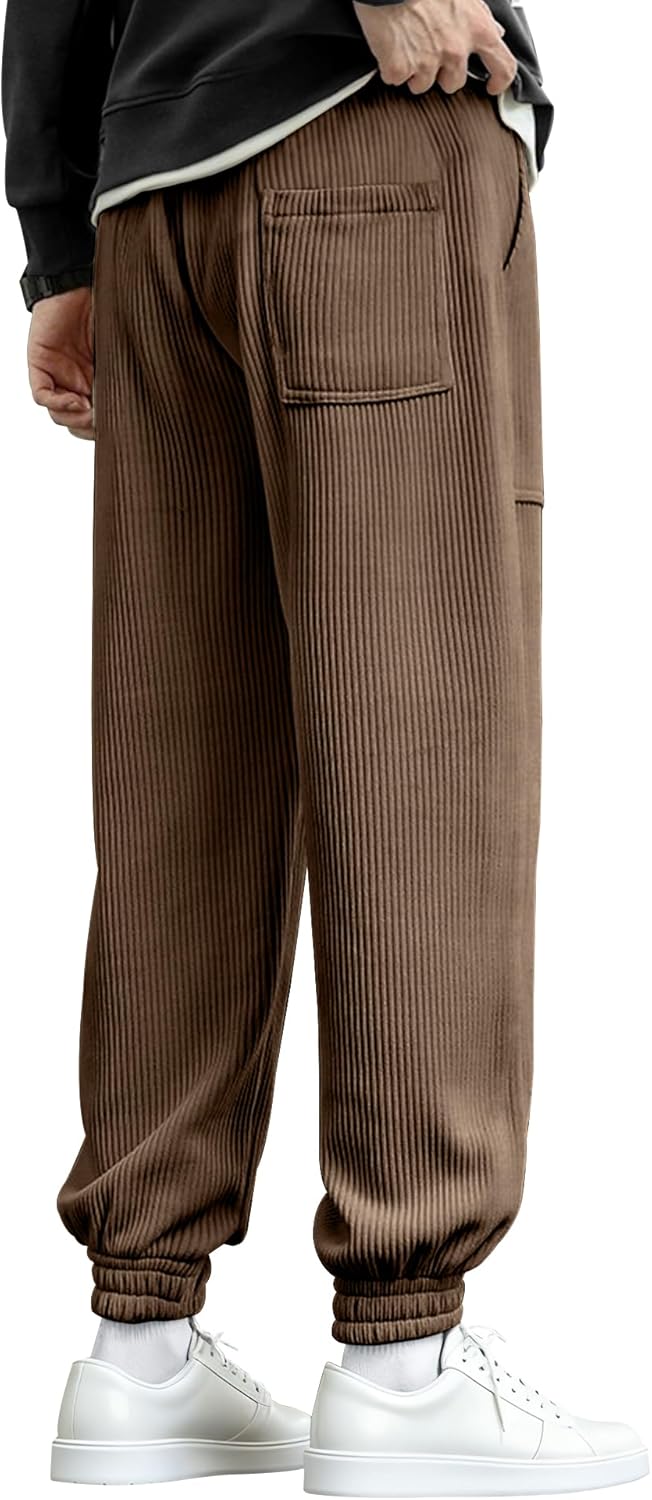 PLEPAN Mens Spring Corduroy Pants Casual Cargo Joggers Tapered Baggy Sweatpants Drawstring Elastic Waist Pants with Pockets - Image 3