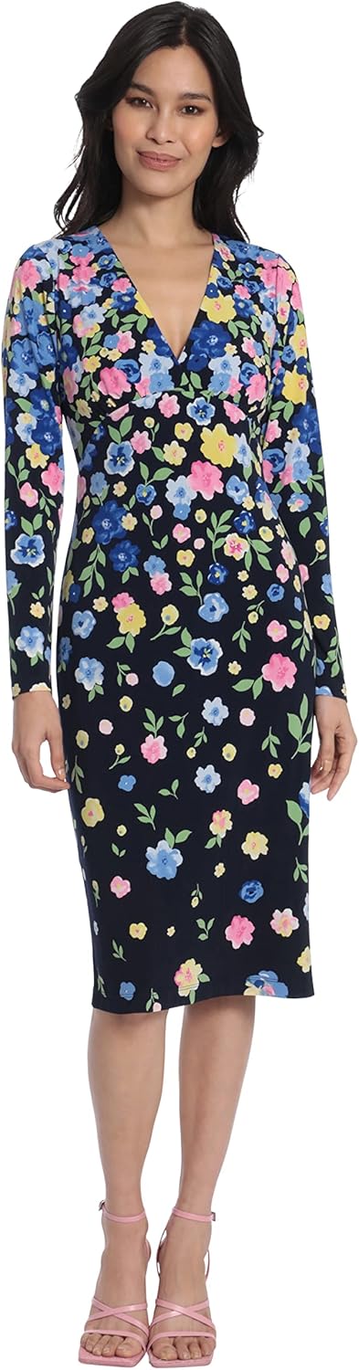 Maggy London Women's Floral Printed V-Neck Surplus Bodice Empire Waist Sheath Dress