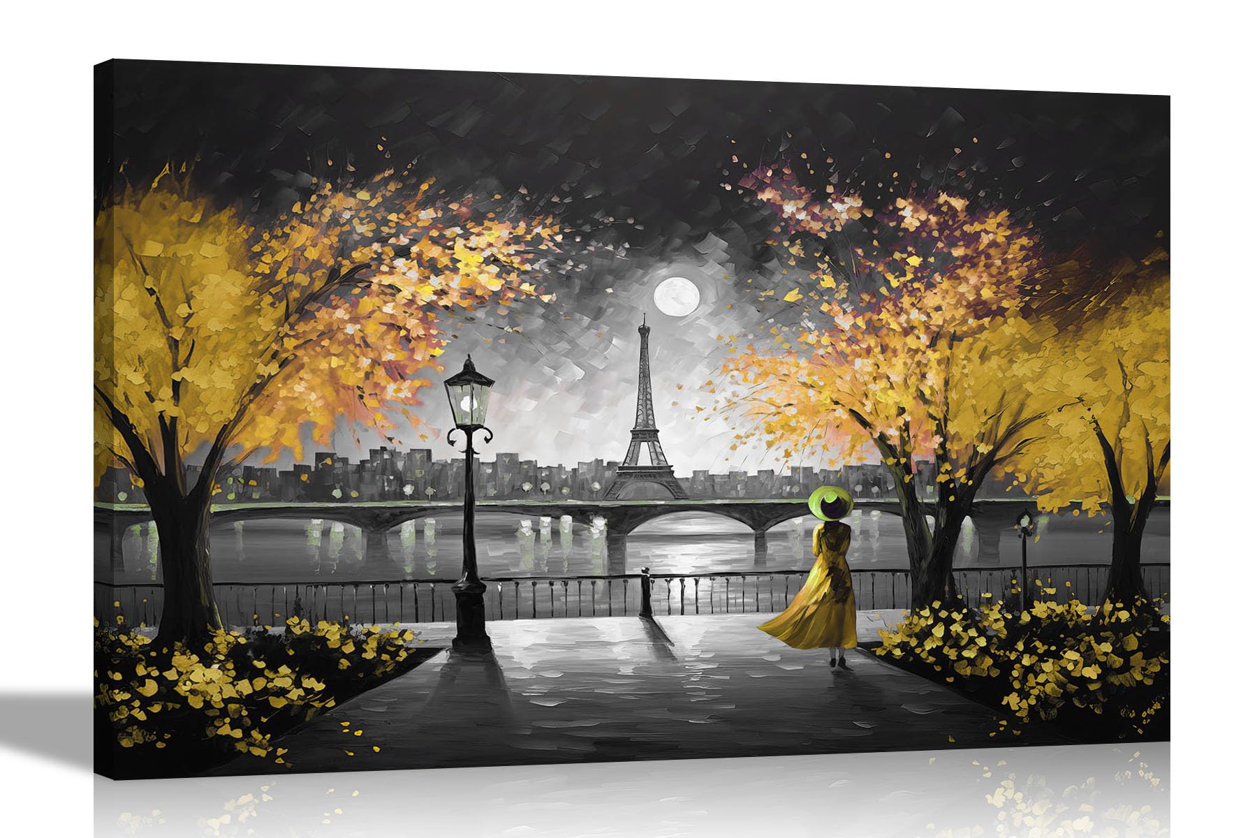 Artley Prints Black And White Yellow Black And White Alone At Night In Paris Yellow Extra Large Contemporary Canvas Wall Art Prints For Vibrant Living Room Décor Colourful Pictures 101 X 76Cm (40 X 30 Inches)