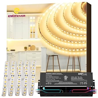 Emitever Dimmable Led Driver, 150W AC 110V-277V to DC 24V Transformer, 5-in-1 Dimming ELV/MLV/TRIAC / 0-10V / 1-10V / 10V PWM/Potentiometer,UL Listed+Warm White 32.8ft Strip Lights