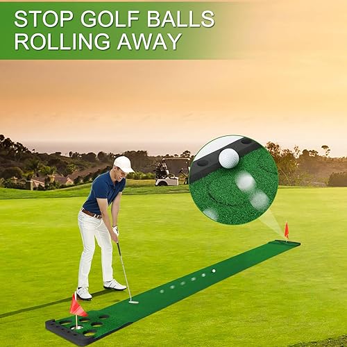 Vista 15 de Juego de putting de golf con borde frontal para interiores y exteriores, tapete verde para golf incluye 4 bolas, 1 bolsa portátil, 2 banderas