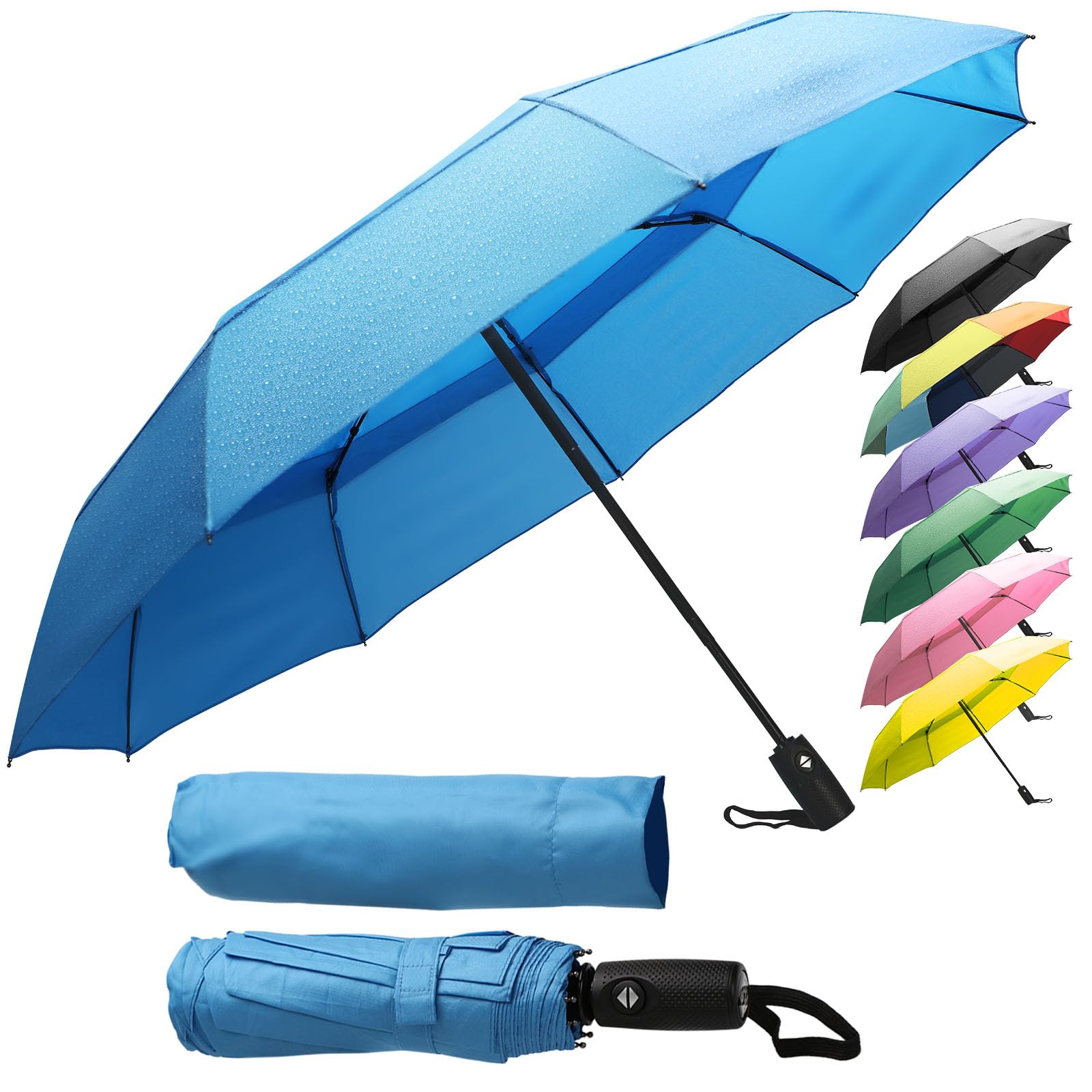 ZENO Travel Umbrella Compact - Small Umbrella for Backpack & Purse, Portable Automatic Umbrellas for Rain, Windproof, Reinforced Fiberglass Ribs, Water-Repellent Teflon, Blue