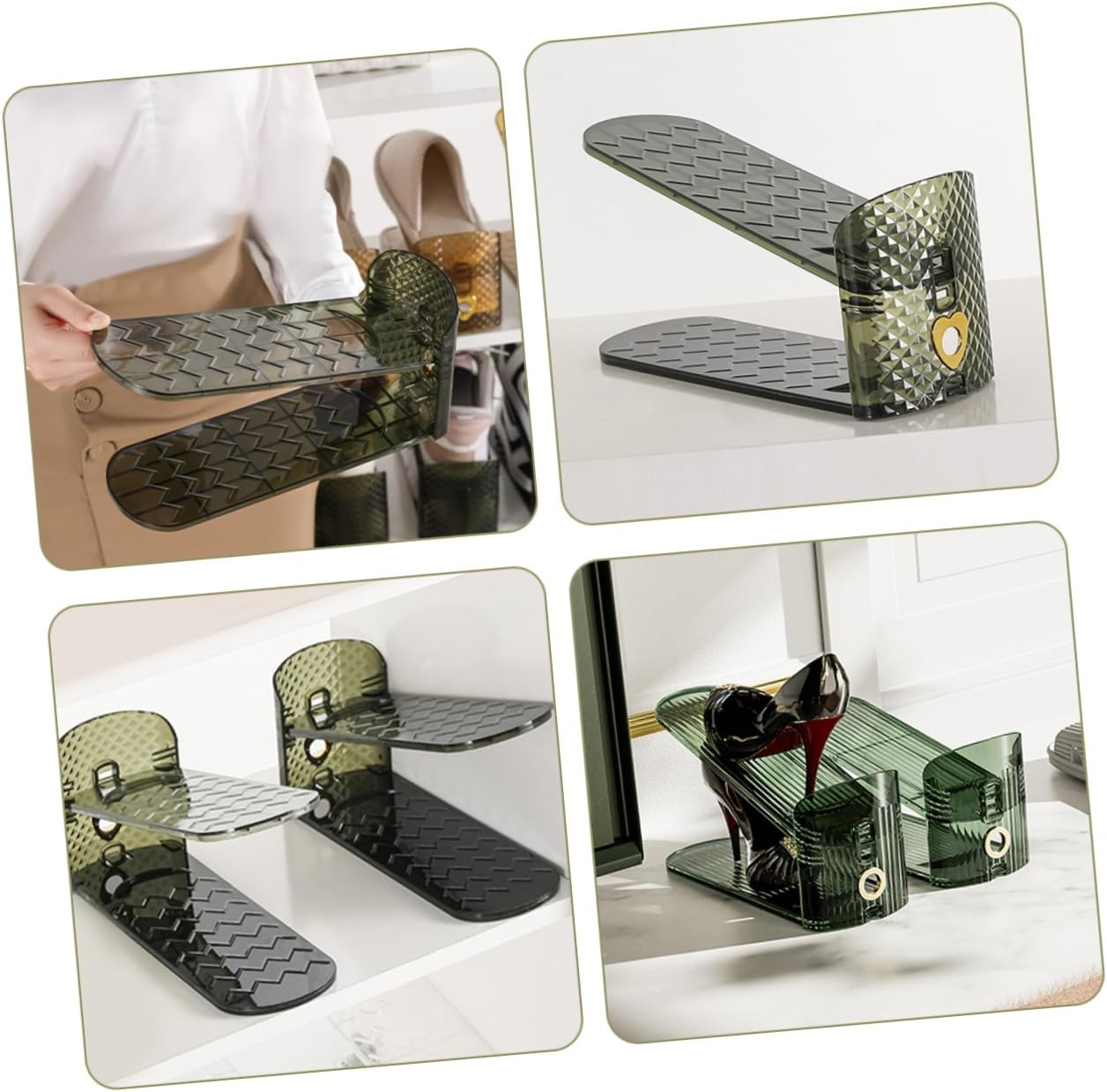 2pcs Adjustable Shoe Rack Organizer Space-Saving Double Layer Slipper Holder for Closet Entryway Slip Design for Efficient Shoe Storage Olive Green