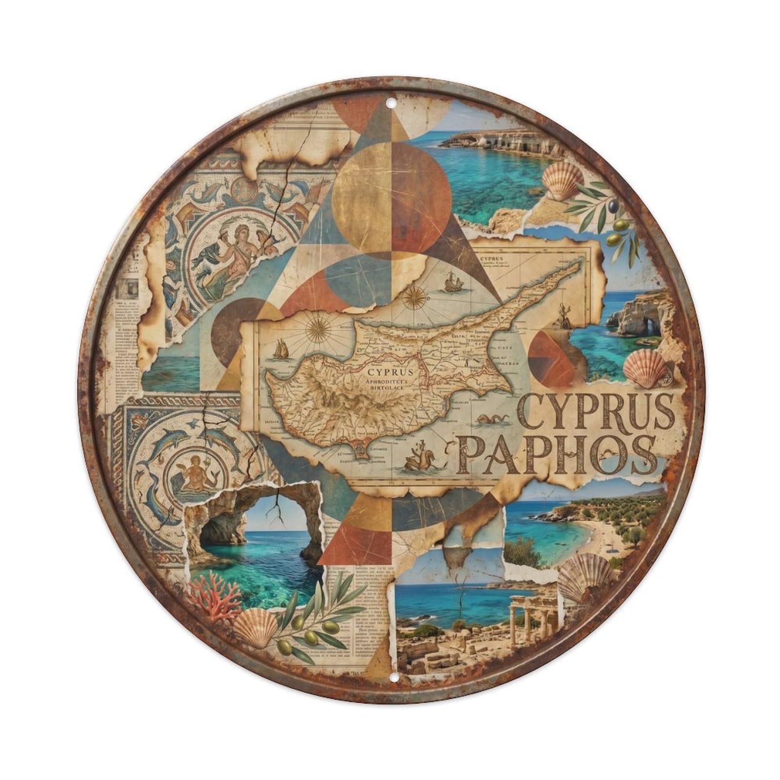 Cyprus Paphos Aphrodite Graphic Collage Classic Scenery Metal Tin Sign