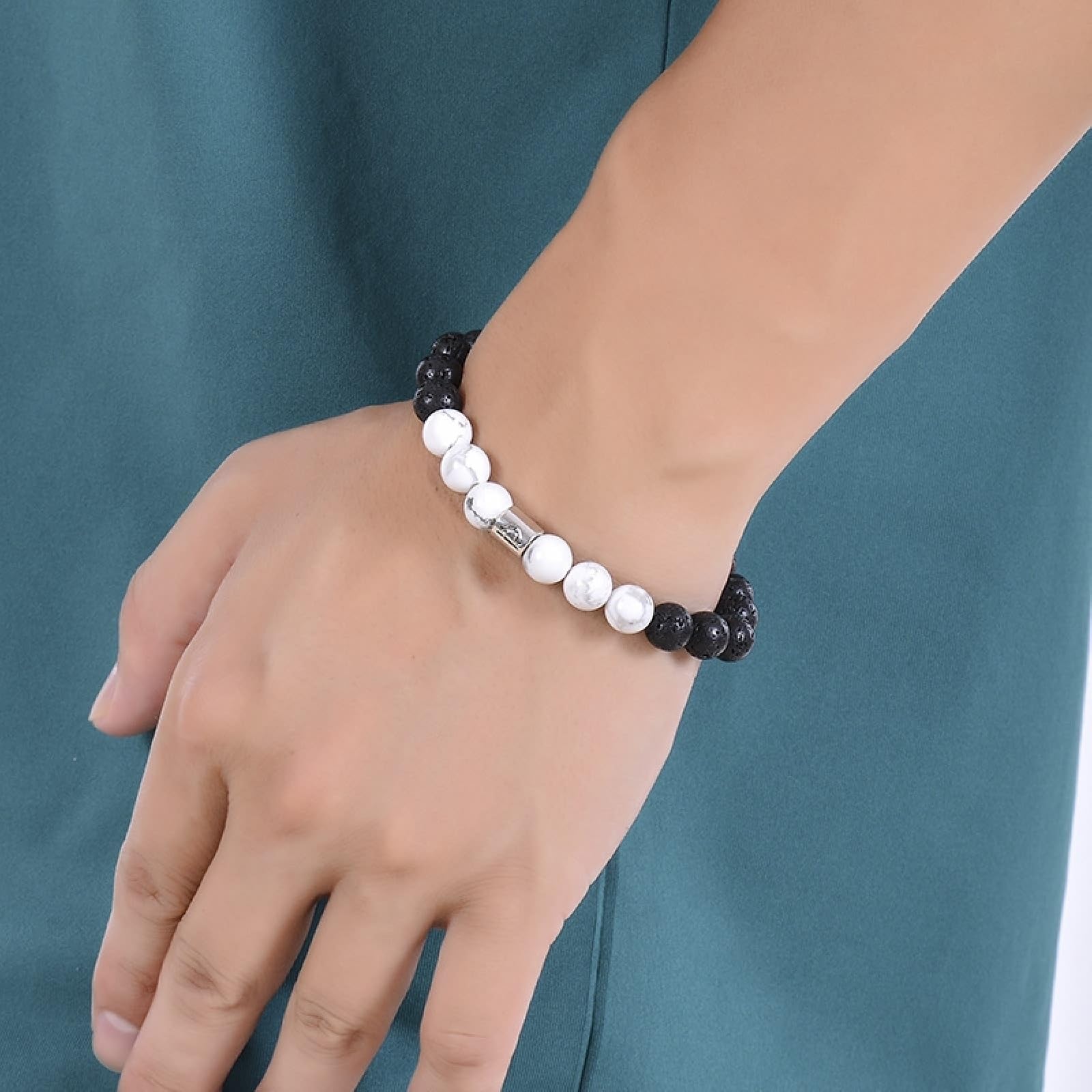 Perle Frauen stapelbar, Armband schwarz weiß Magnesit elastische natürliche Konstellation Perlen Metall Naturstein für Männer Schmuck
