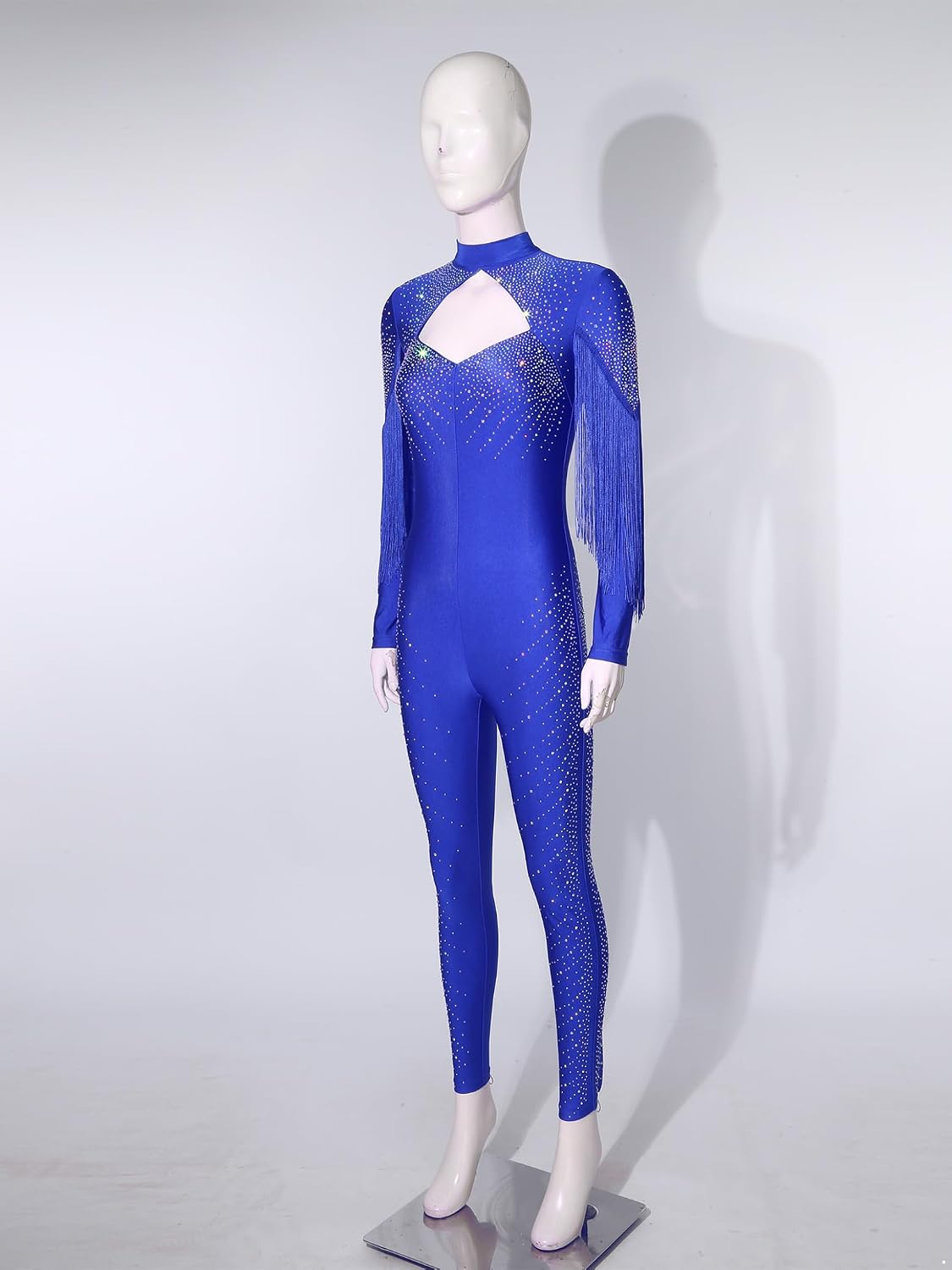 Women Long Sleeve Tassel Romper Performance Costume Sparkle Rhinestone One Piece Figure Skating Jumpsuit