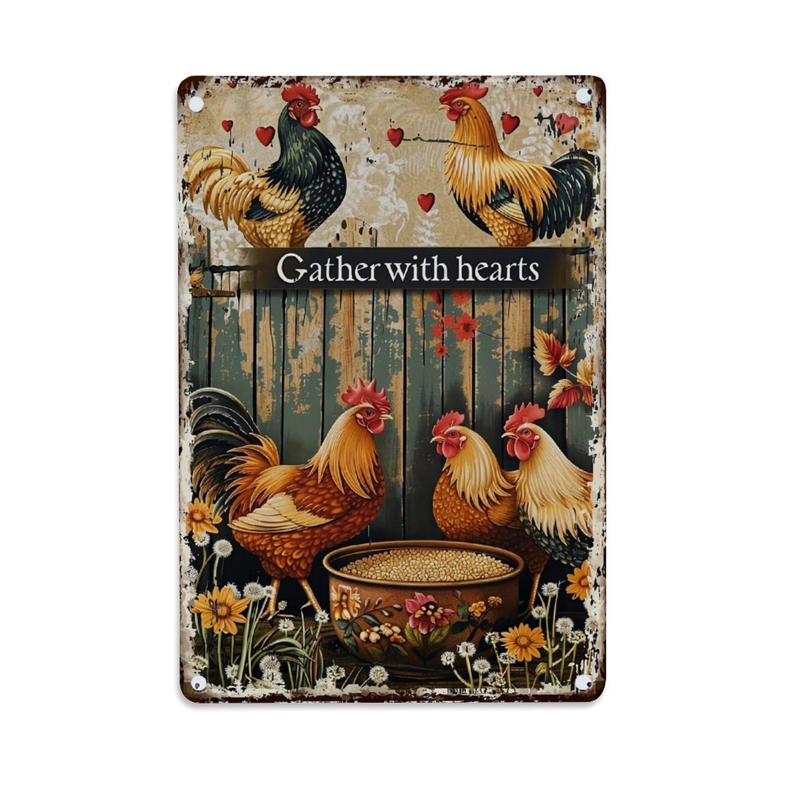 Jdfenggu Vintage Rooster Chicken Hearts Flowers Barn Retro Metal Tin Sign, Decor Art Poster For Bar, Home, Man Cave, Kitchen, Laundry Room Gift 8X12inch