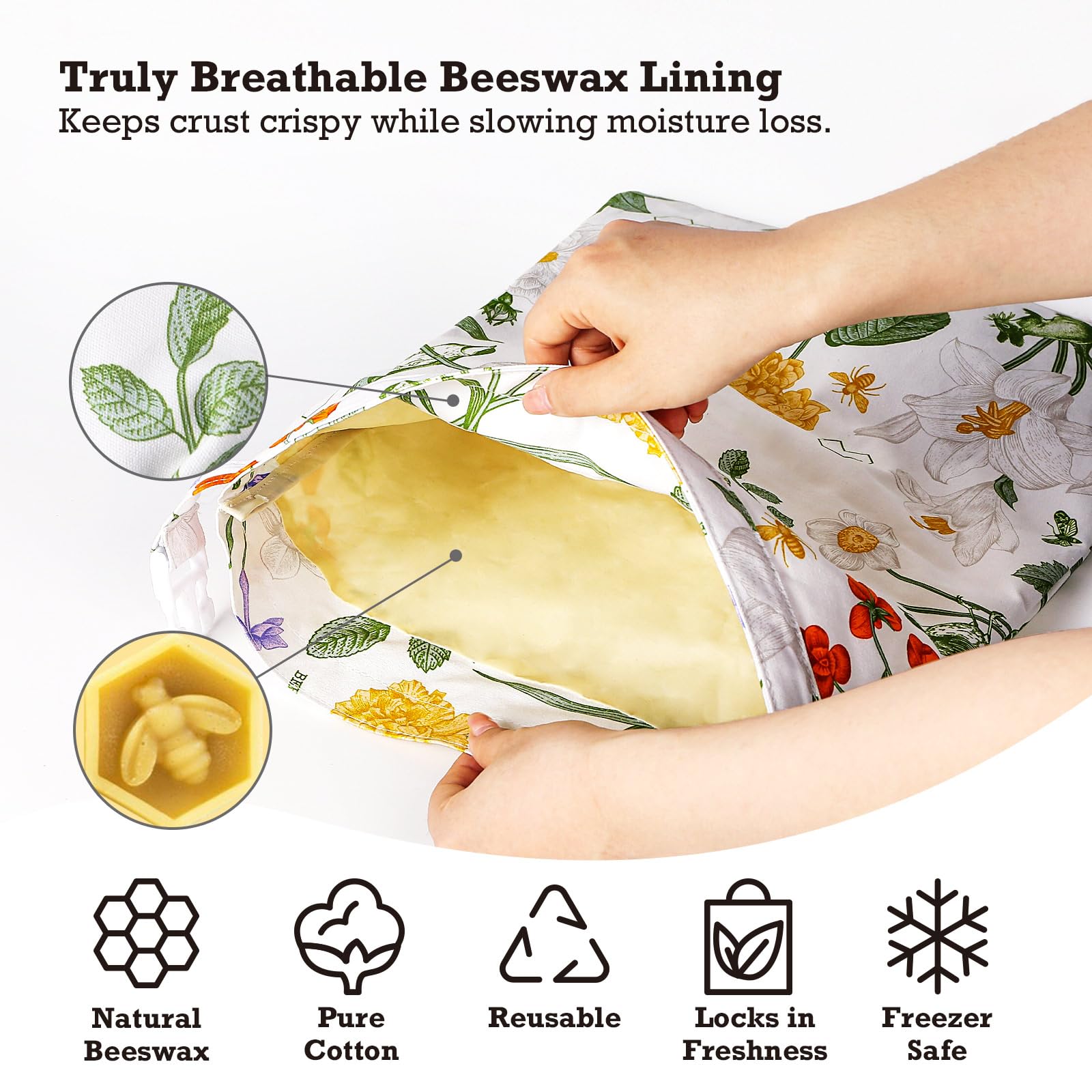 Paquete de 2 bolsas grandes de cera de abeja para masa madre y pan casero, bolsas de almacenamiento de alimentos de algodón reutilizables para mantener fresco, bolsas de congelador