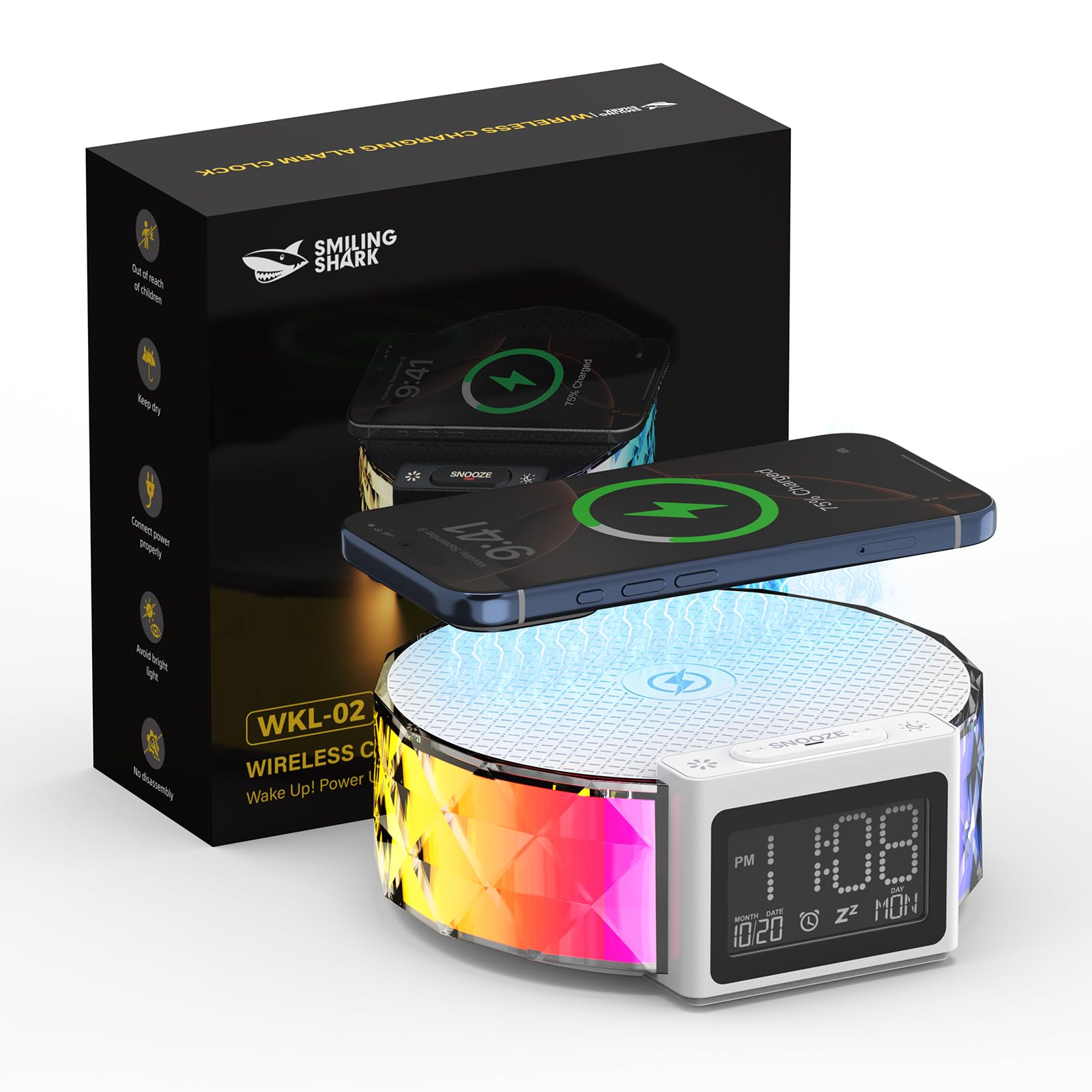 Smiling Shark Lichtwecker, Nachttischlampe Wecker Kabelloser Ladestation mit Touch Steuerung 3 Stufen und RGB-Modus LCD-Display Ladegerät Wecker Licht Nachttischlampen für Schlafzimmer Zuhause-Deko | WKL-02 Nachttischwecker Licht mit 3 Nachtlichtern und R