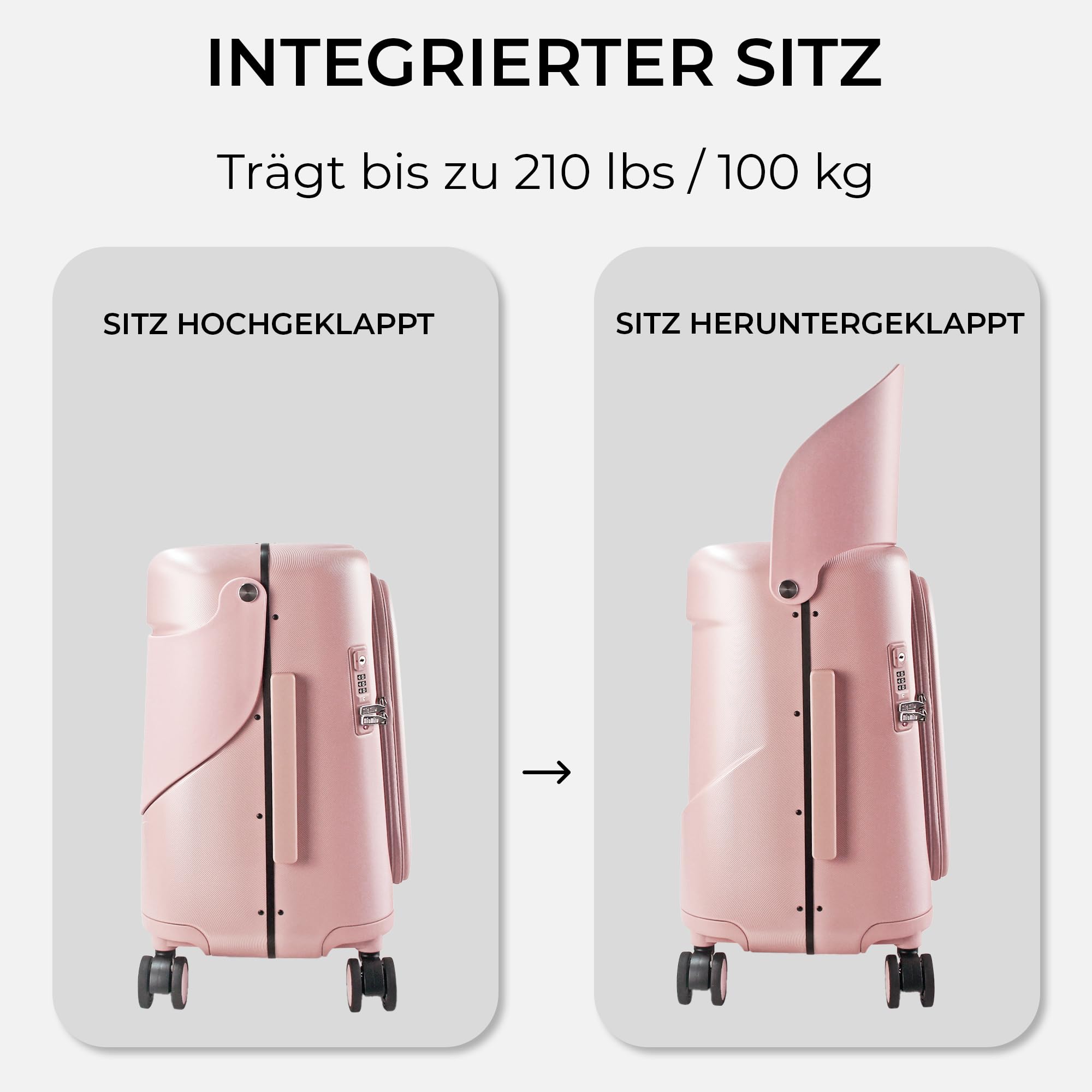 MiaMily Carry-On Plus Ride-On Koffer, Integrierter Sitz, Obenliegender Zugang, wasserdichte und Thermotasche, Radbremsen, TSA-Schloss, Dusty Pink