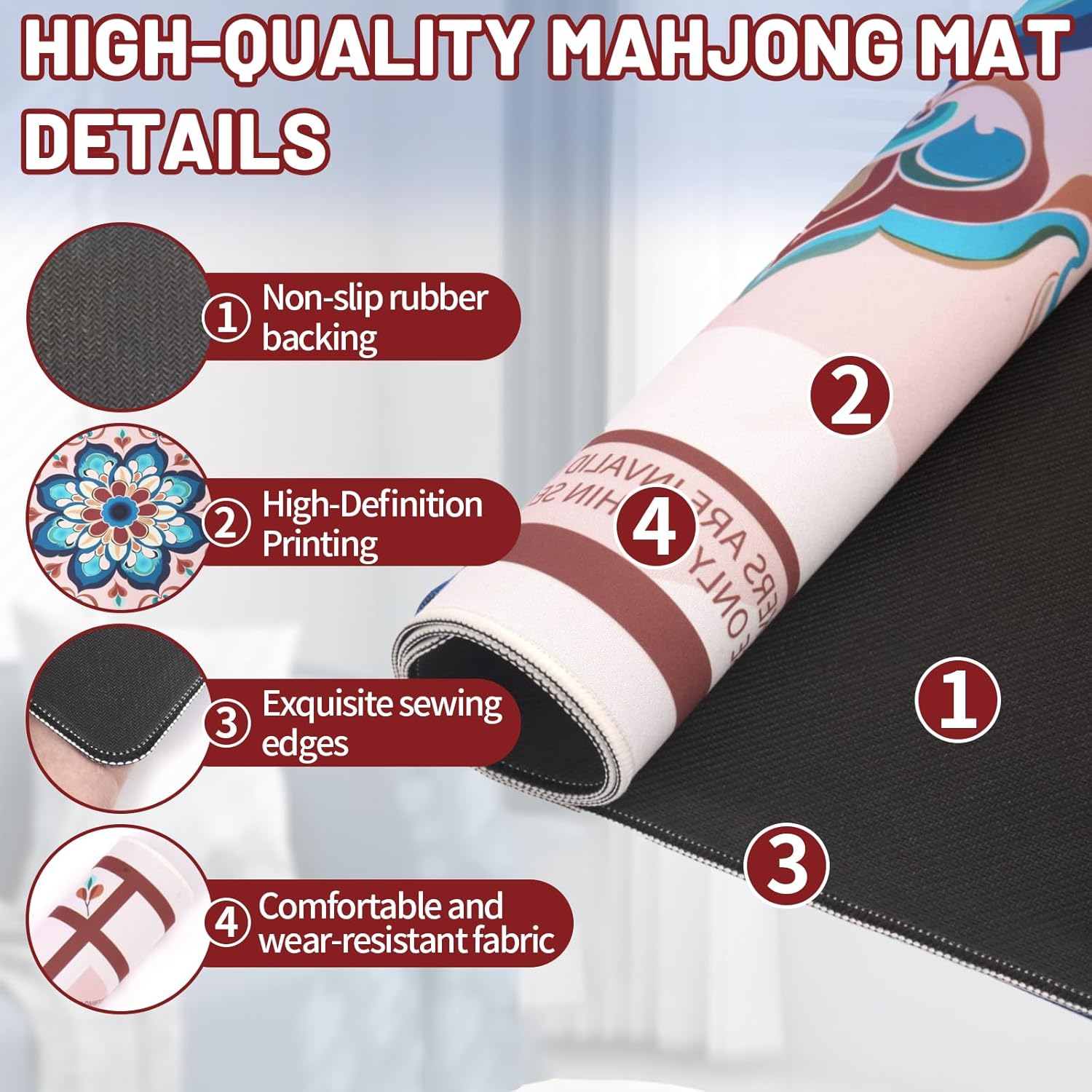 Linoows Mahjong Mat | Non-Slip Gaming Mat with Noise Reduction 31.5x31.5 Inch Large for Mahjong, Poker, Board & Card Games, Dominoes | Celestial‌ Bloom Design