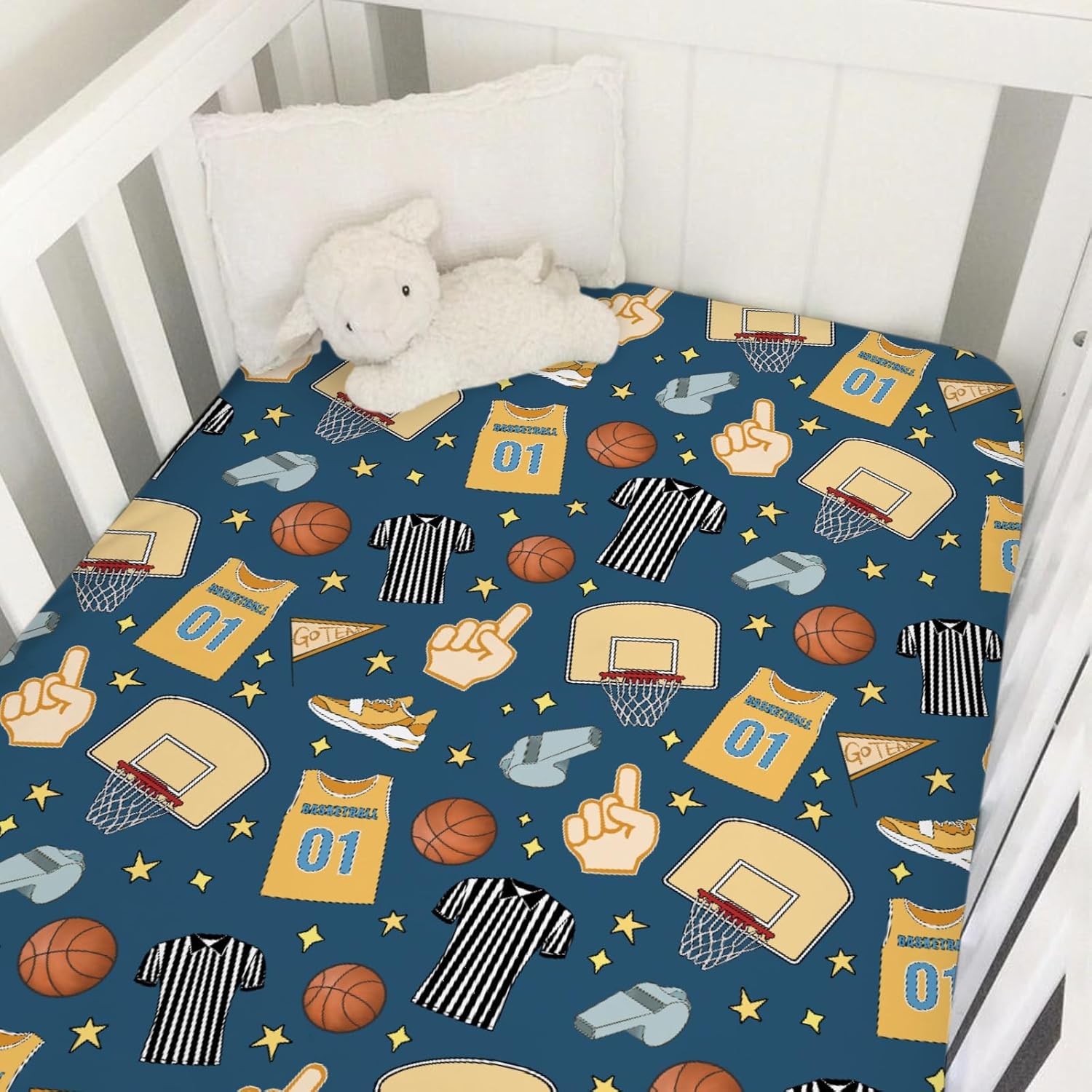 Fun Basketball Baby Crib Sheet 52''x28'' Sports Snug Fitted Mattress Cover for Boy Girl Basketball Balls Hoop Uniform Soft Nursery Baby Sheets