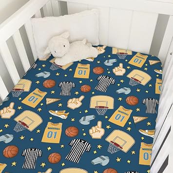 Fun Basketball Baby Crib Sheet 52x28 Sports Snug Fitted Mattress Cover for Boy Girl Basketball Balls Hoop Uniform Soft Nursery Baby Sheets