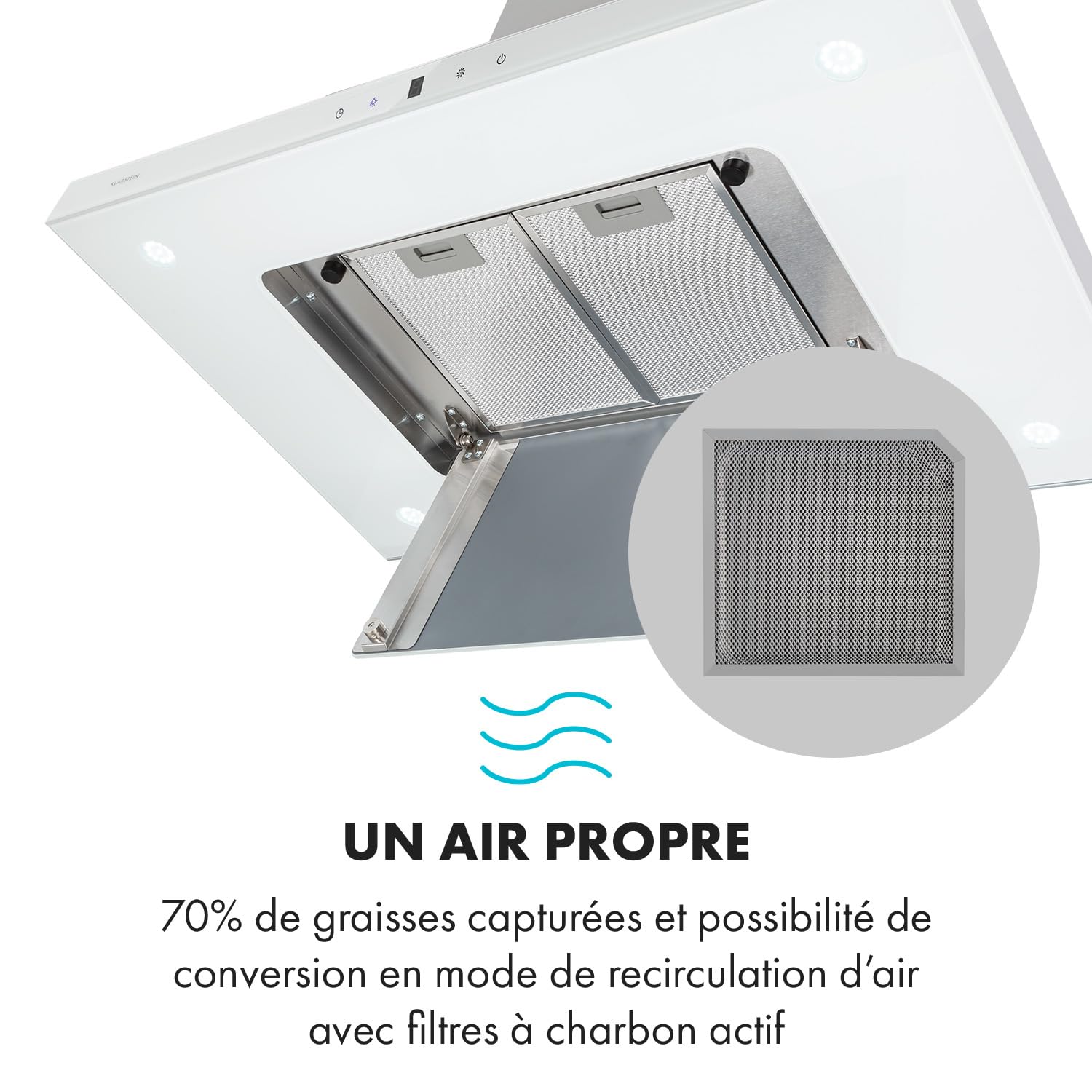 Klarstein Valeria Hotte Îlot - 230W, débit max. 642 m³/h, 3 niveaux de puissance, éclairage LED, panneau tactile, verre, inox, éco-énergétique, PureAmbience Concept, blanc