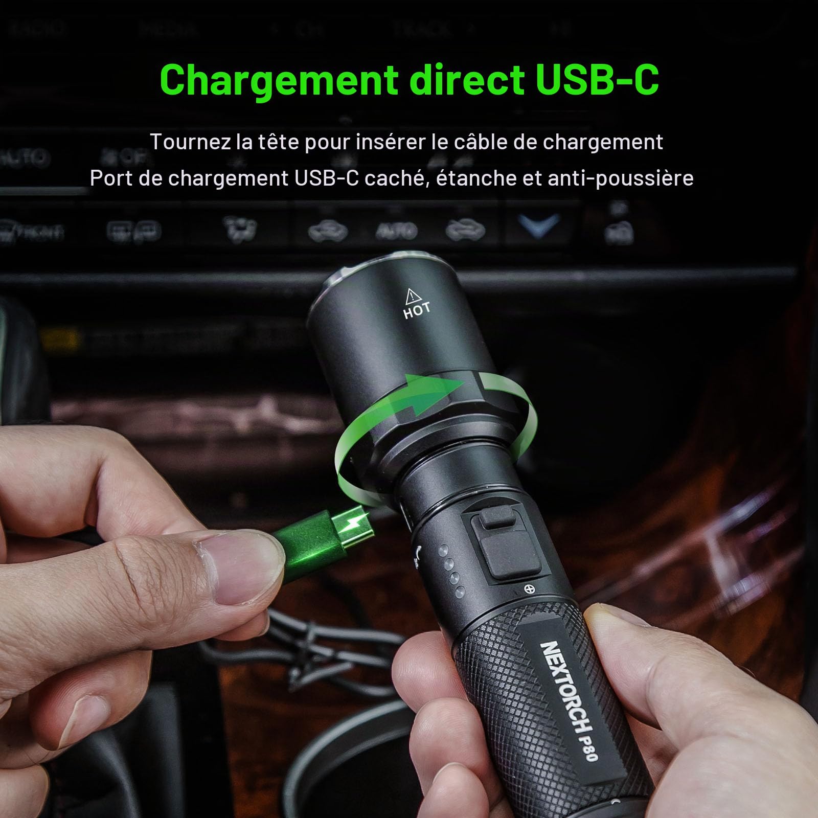 Nextorch P80B Lampe de poche rechargeable haute luminosité, puissante 2100 lumens, lampe torche tactique LED avec 5 modes et stroboscopique pour le travail de nuit, les aventures en plein air