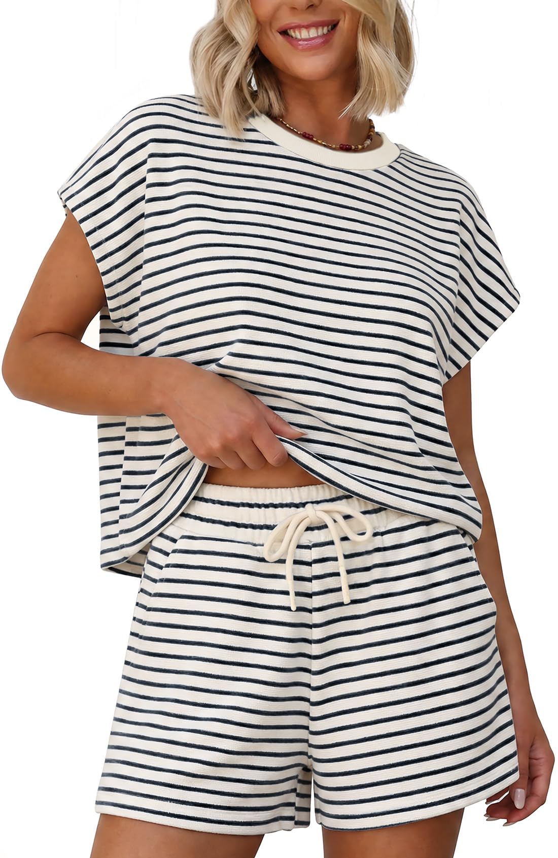 Sweetmoon Conjunto de dos piezas para mujer, conjunto de verano a rayas, camiseta de manga corta y pantalones cortos a juego, ropa de mujer