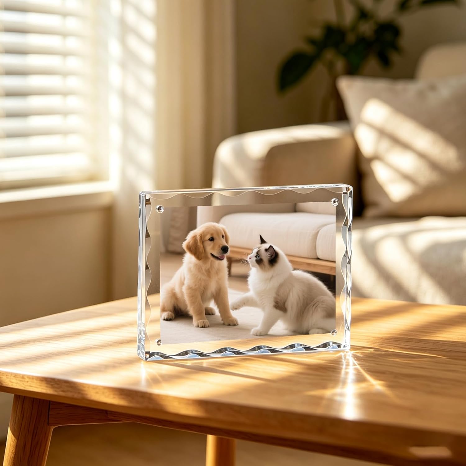 5x7 Inner Size Water Ripple Edge Acrylic Picture Frame, 3 Pack Magnetic Double-Sided Photo Frame, Overall Outer Size 6x8 Inches, 24mm Thick Crystal Clear Freestanding Tabletop Display Block