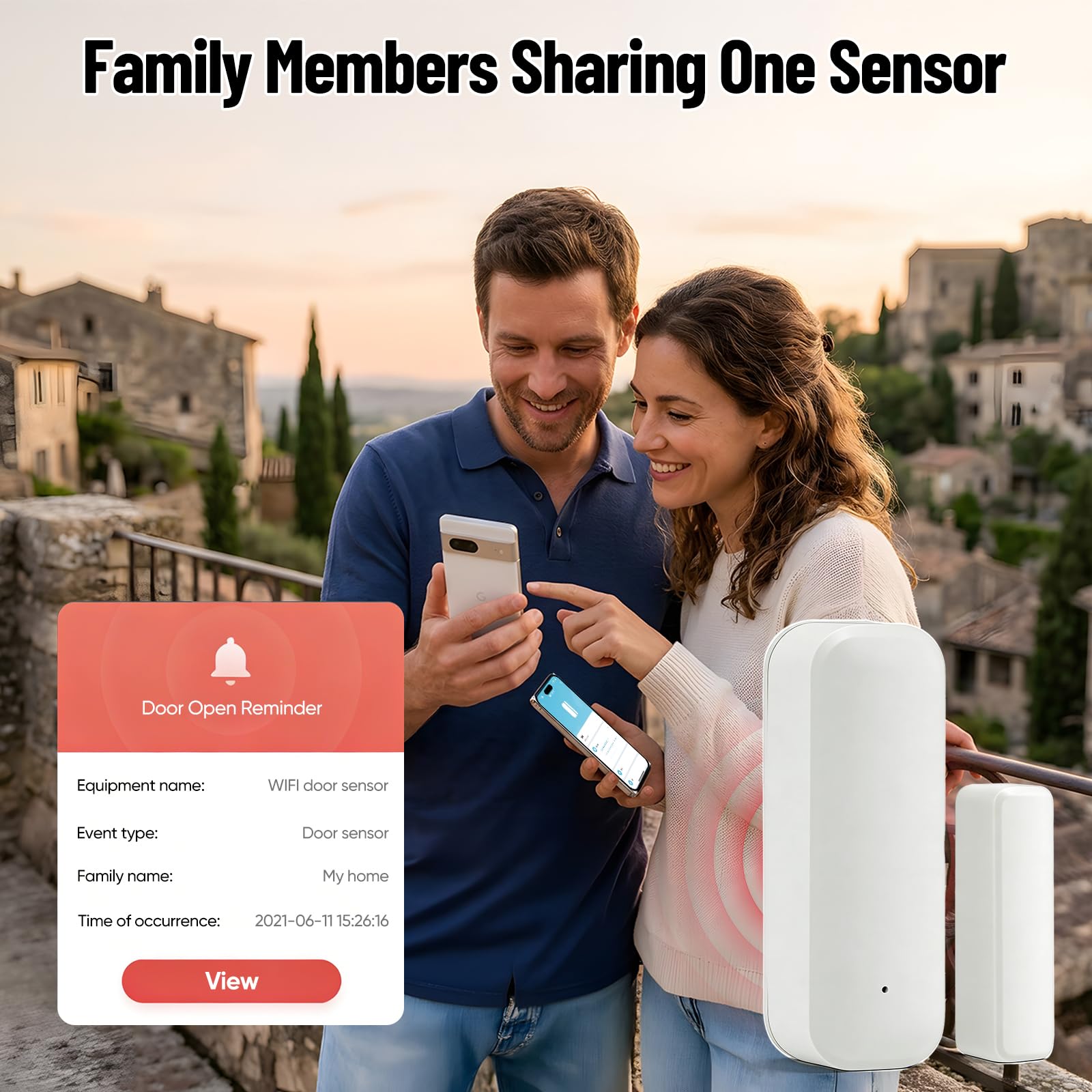 Sensor de puerta y ventana WiFi (paquete de 4) – Smart Home magnético con notificación de aplicación, compatible con Alexa/Google Assistant para mayor seguridad en casa, apartamento y garaje