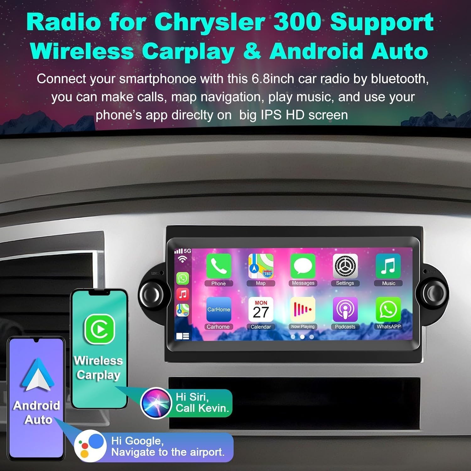 4GB RAM + 64GB ROM Android Car Radio for Dodge Ram 1500/2500/3500 2006 2007 2008, for Dodge Durango 2005 2006 2007 2008, – 6.8" Touchscreen with Wireless Carplay & Android Auto & Bluetooth