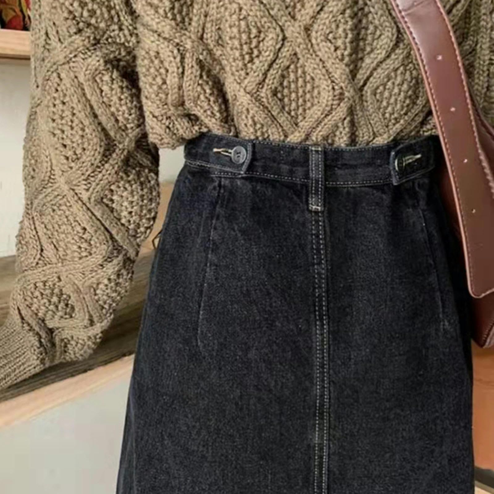 TEidea Spódnice damskie, klasyczna, z wysokim stanem, dżinsowa spódnica midi dla kobiet, ponadczasowa, inspirowana stylem vintage