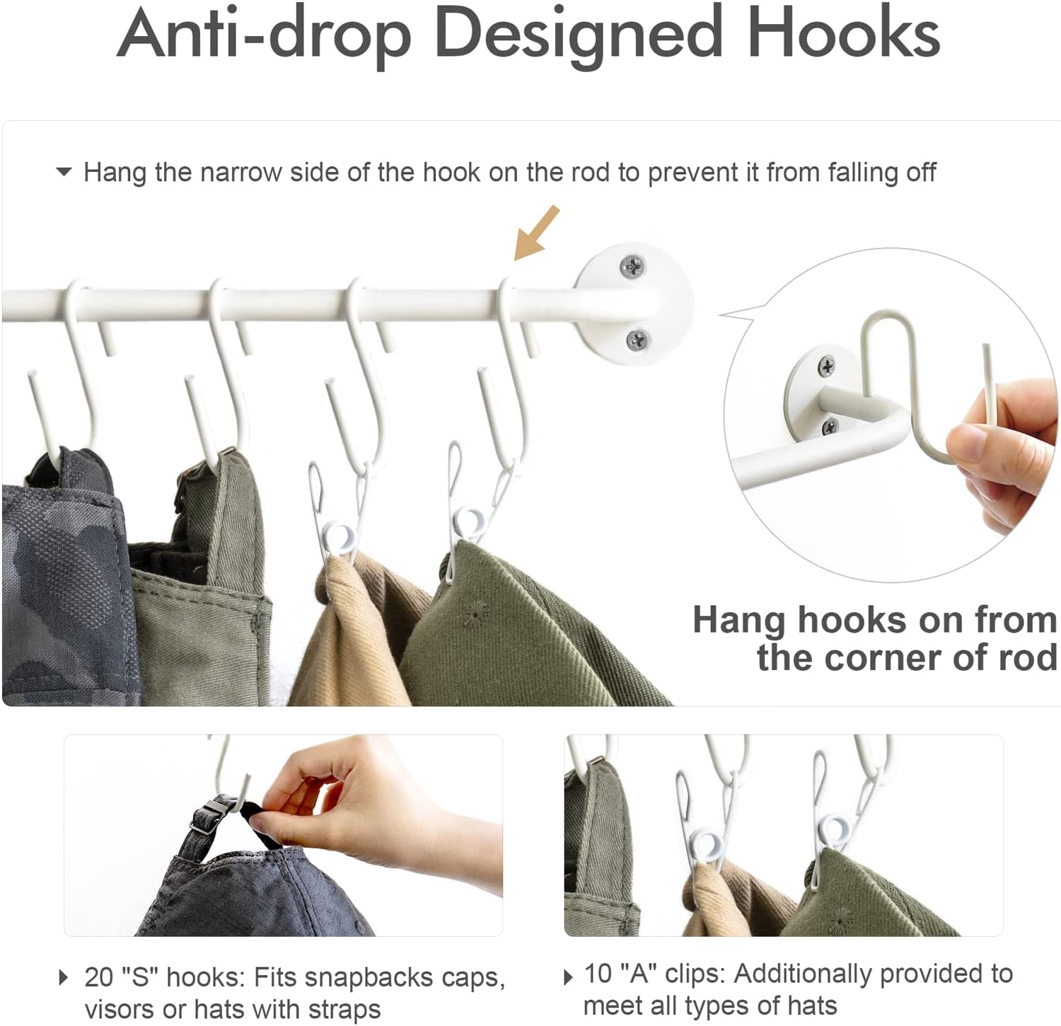 Mkono Hat Rack for Wall Baseball Cap Organizer Hanger with 20 Hooks Modern Metal Hat Holder Wall-Mounted Caps Display for Closet Door Bedroom Entryroom Laundry, Set of 2,White
