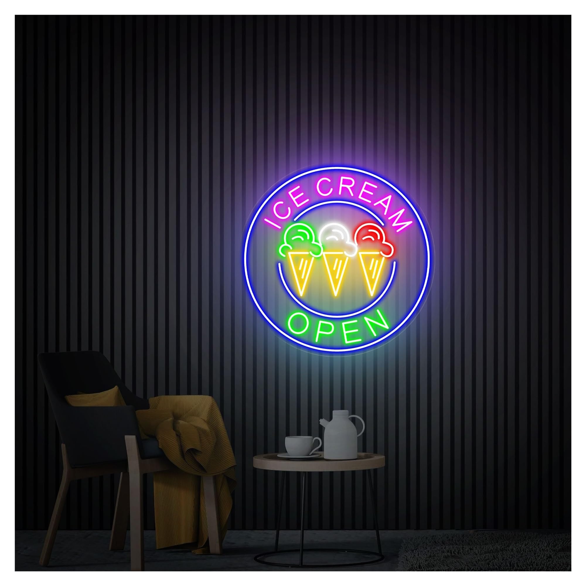 RONGCH Hanging Art Signs Ice Cream Open Neon Sign,Suitable for Cafe Dessert Shop Decor with Dimmable 50cmx50cm(B)