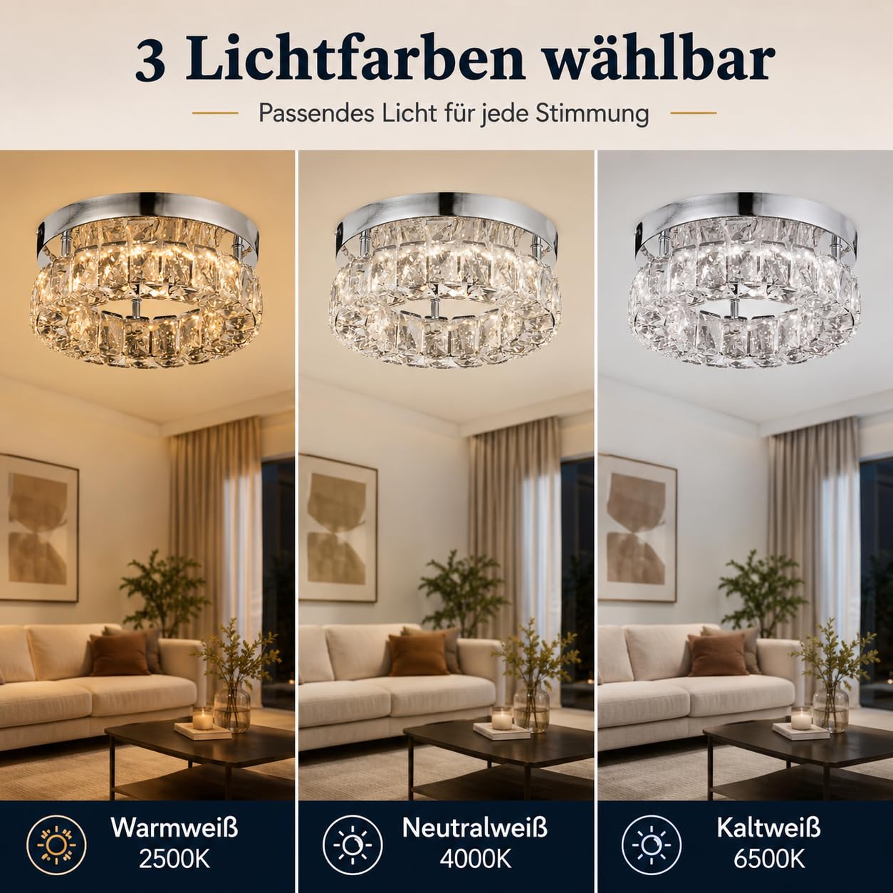 9.8" Kristall Deckenleuchte Led Dimmbar 16W mit Fernbedienung | 25 cm runde small Kristall LED-Deckenleuchte mit 16W, einstellbarer Helligkeit und Lichtfarbe