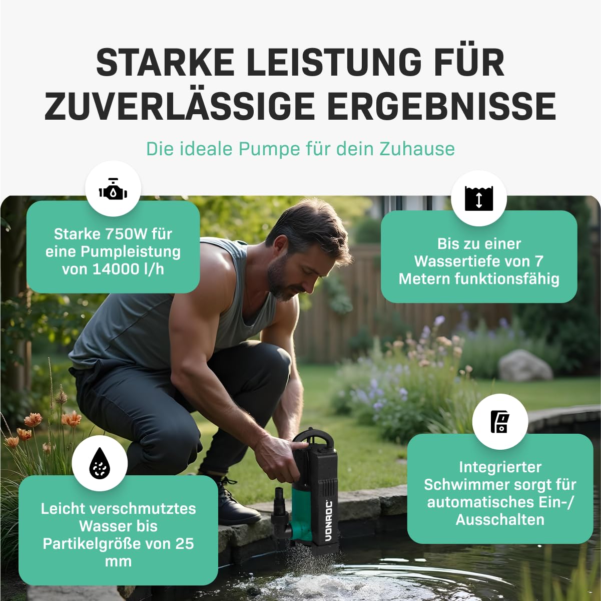 VONROC Tauchpumpe mit integriertem Schwimmer [750W] - Schmutzwasserpumpe für Keller, Pool, Gartenteich - Flachsaugend max Höhe [7,5m] - 1400 l/h für sauberes und schmutziges Wasser
