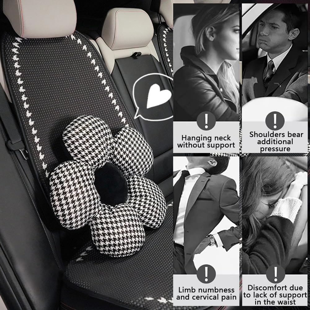4Pack Houndstooth Butterfly Knot Car Neck Pillows and Lumbar Support Pillow Flower Car Headrest Pillow and Lumbar Support Cushion for Driving Car Decor