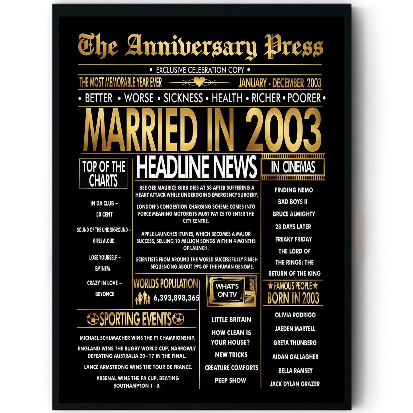 Stuff4 Gold 23rd Anniversary Poster Framed - Golden Married In 2003 Newspaper - 23 Anniversary for Men Women Retro Vintage Gifts Back In 2003, 8x10 Inch Bday Party Decor Decoration