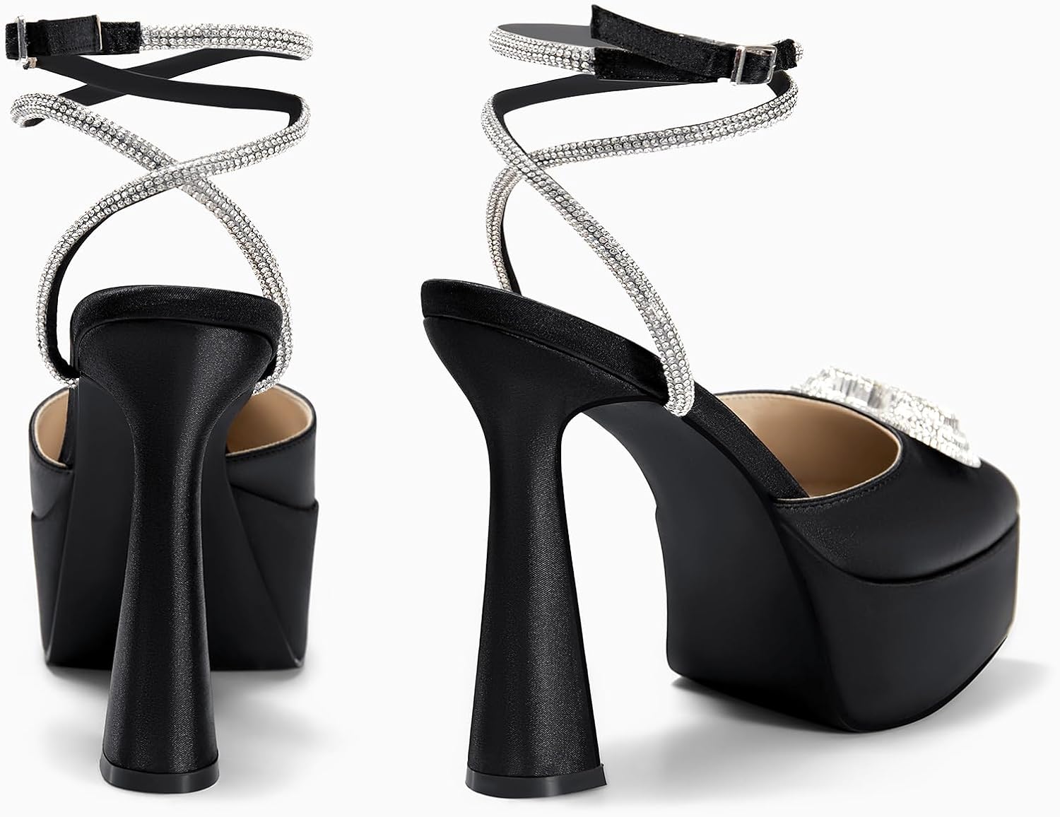 Coutgo Womens Platform High Chunky Heels Rhinestone Triple Heart Pointed Toe Ankle Strap Party Wedding Dress Pumps Shoes - Image 5