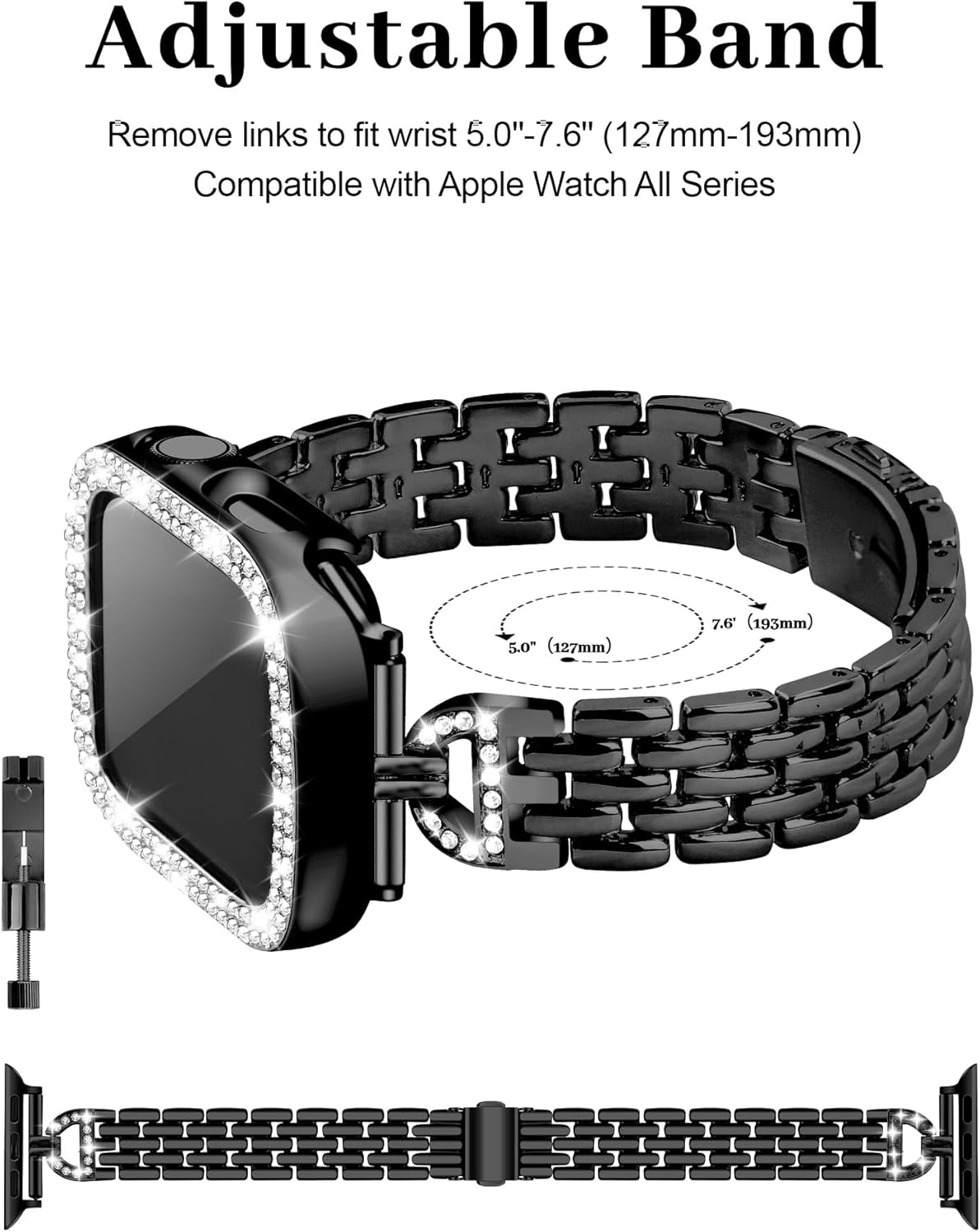 JR.DM Slim Bracelet with Bling Case Compatible with Apple Watch Bands Cover for Women, Dressy D-Shaped Stainless Steel Replacement Strap for iWatch Series 10/9/8/7/6/5/4/3/2/1/SE/Ultra