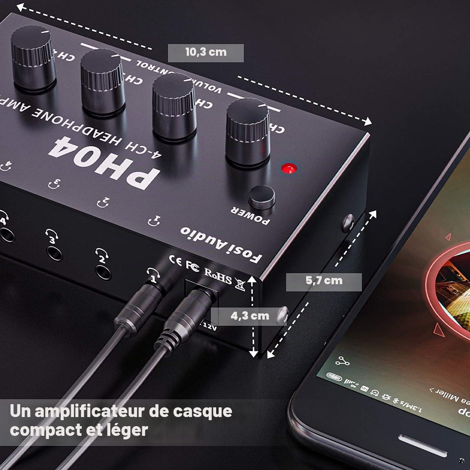 Fosi Audio PH04 Amplificateur de Casque stéréo 4 canaux avec Adaptateur d'alimentation 12 V 1,5 A Ultra-Compact pour Studio et scène