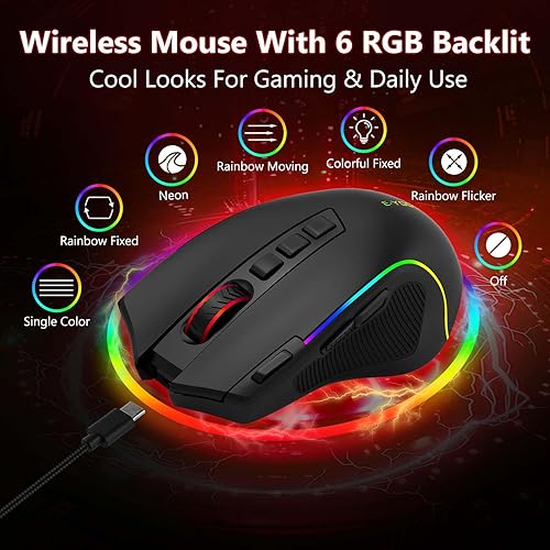 Miniatura 5 de Ratón inalámbrico para juegos premium, mouse de computadora recargable, 8000 DPI, Tri-modos 2.4GBTUSB C con cable, retroiluminación 6 RGB, llave de