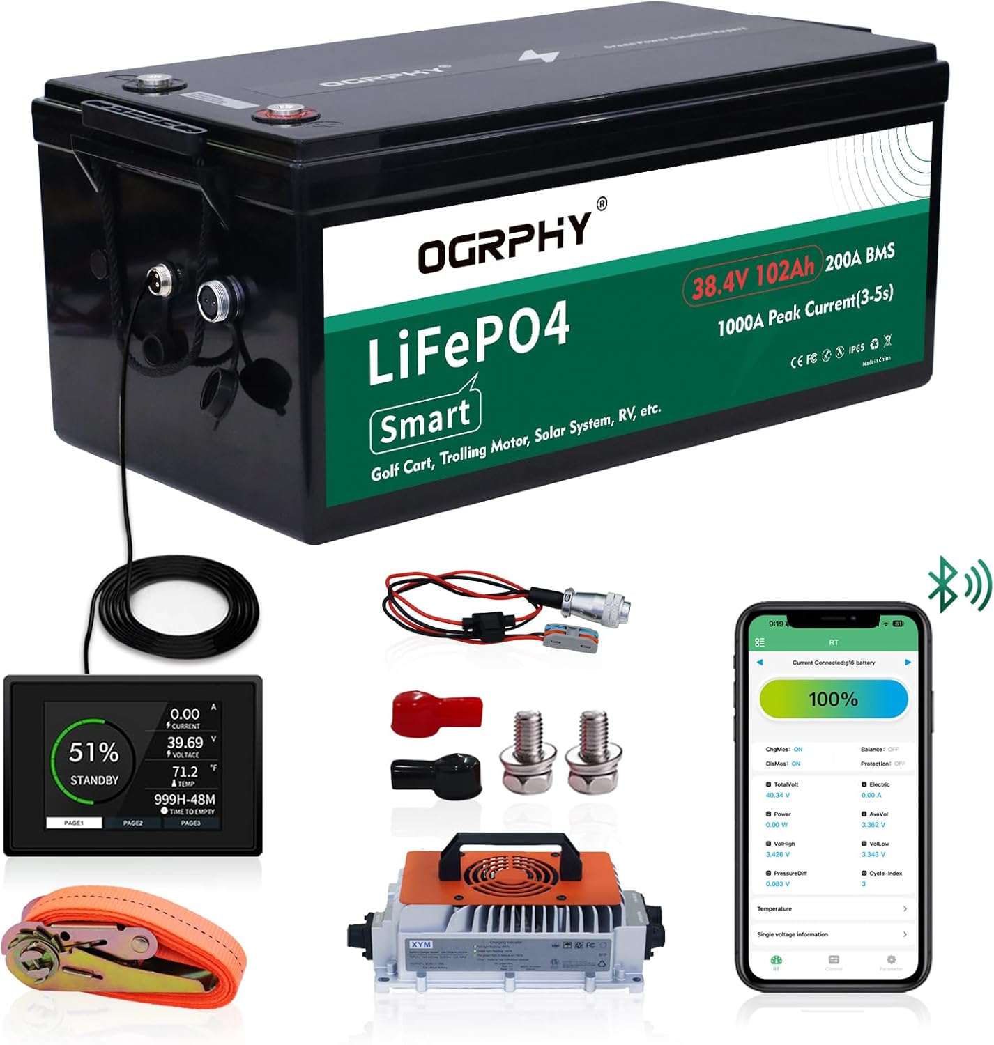 36V Lithium Golf Cart Battery Conversion Kit, 200A BMS(1000A Peak Current), with Touch Monitor and 12V DC interface, 4000+ Cycles 36V Lithium Battery with Charger Perfect for Golf Carts(102AH)