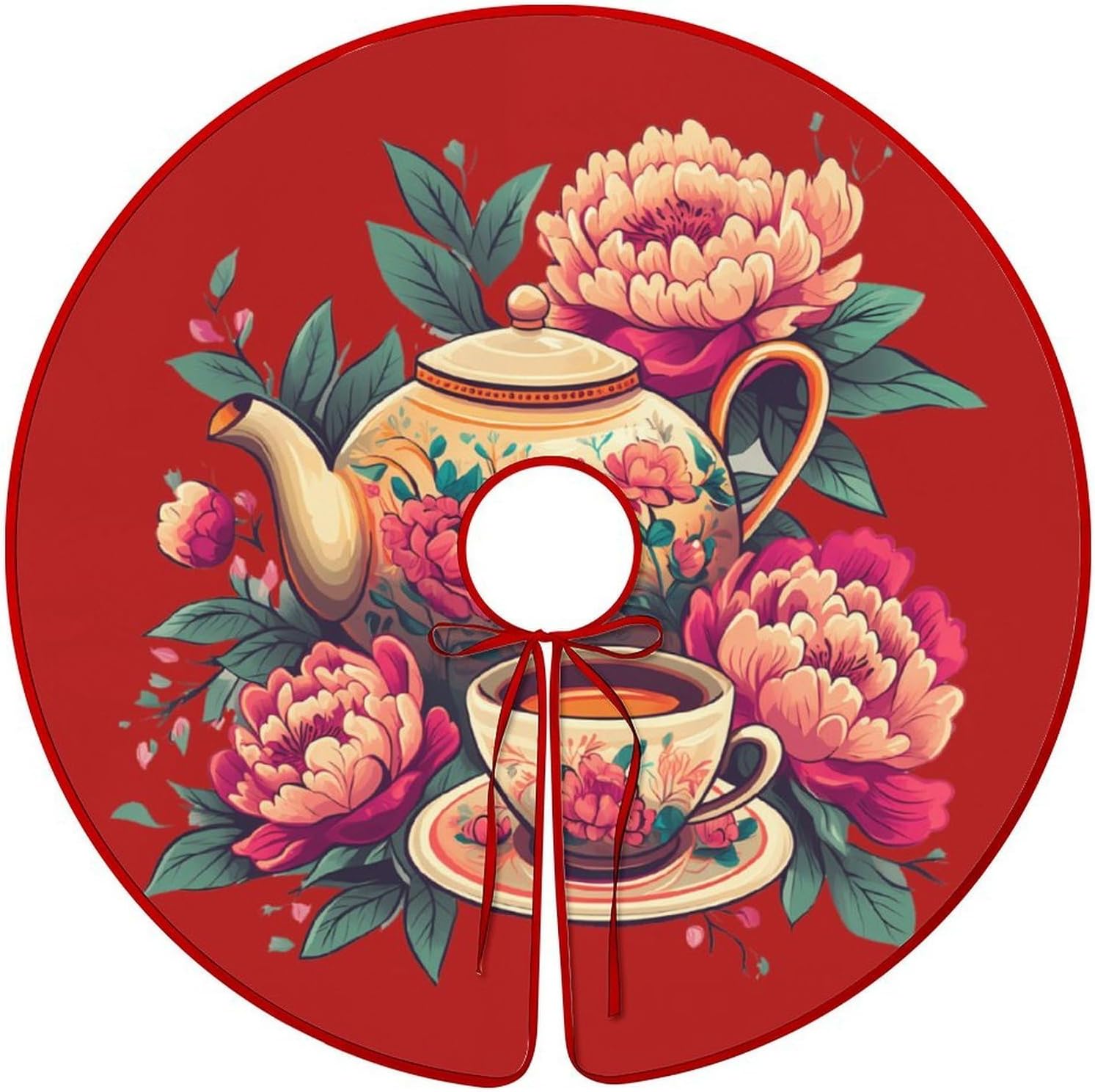 Floral Flowers Tea Cup Teapot Christmas Tree Skirt Ornaments Christmas Tree Mat for Home Party Holiday Decorations