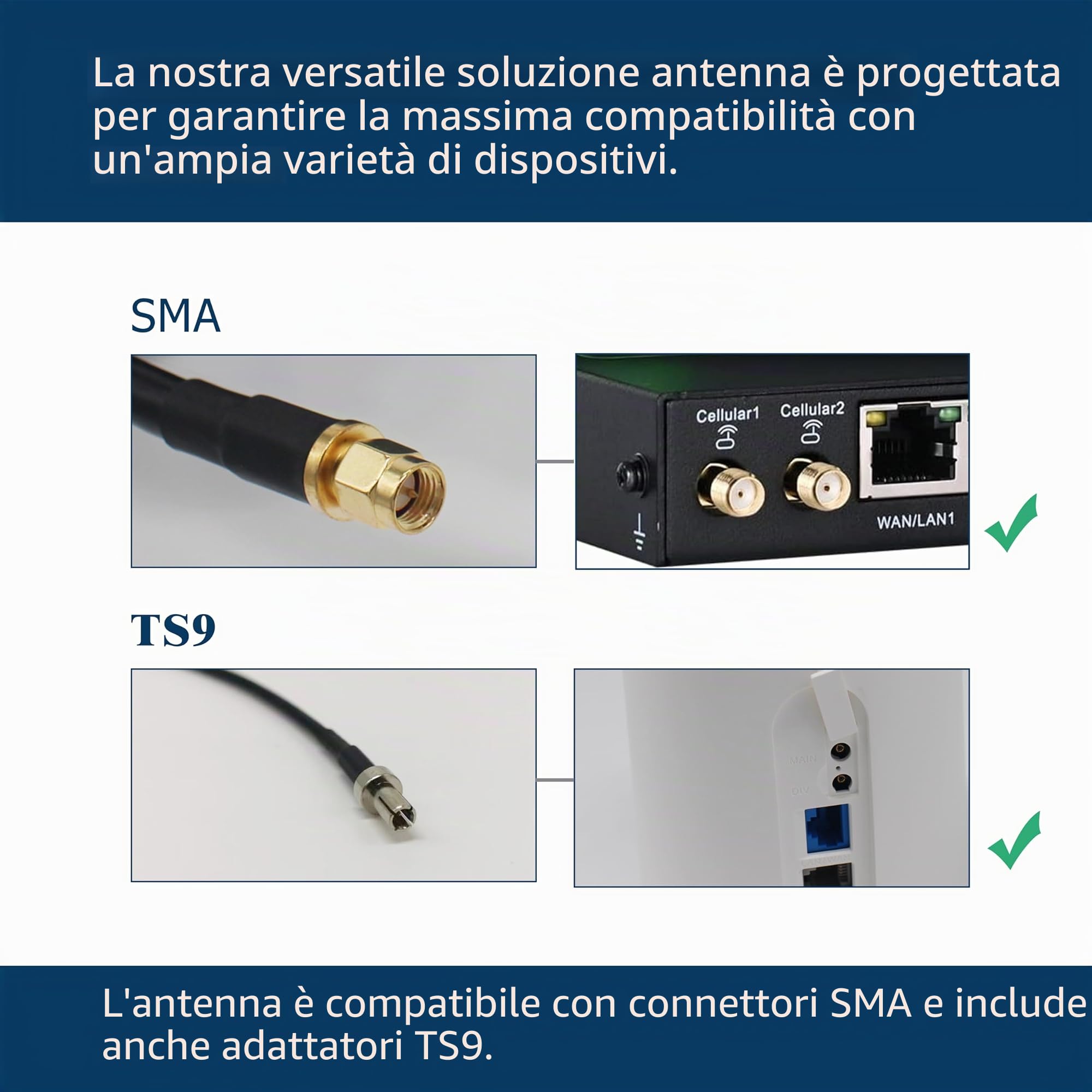 Antenna MIMO 4G/5G ad alto guadagno 698-3800MHz Kit antenna universale migliora la connettività wireless per amplificatori di segnale, router e modem (ATK04)