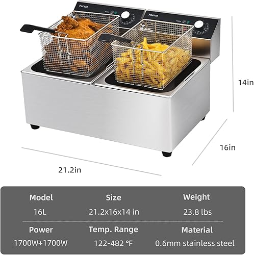 Miniatura 5 de Freidora con canasta, tanque de aceite de 3400 W de 14 cuartos de galóncesta de 6.7 cuartos de galón x 2, freidora eléctrica de encimera de acero
