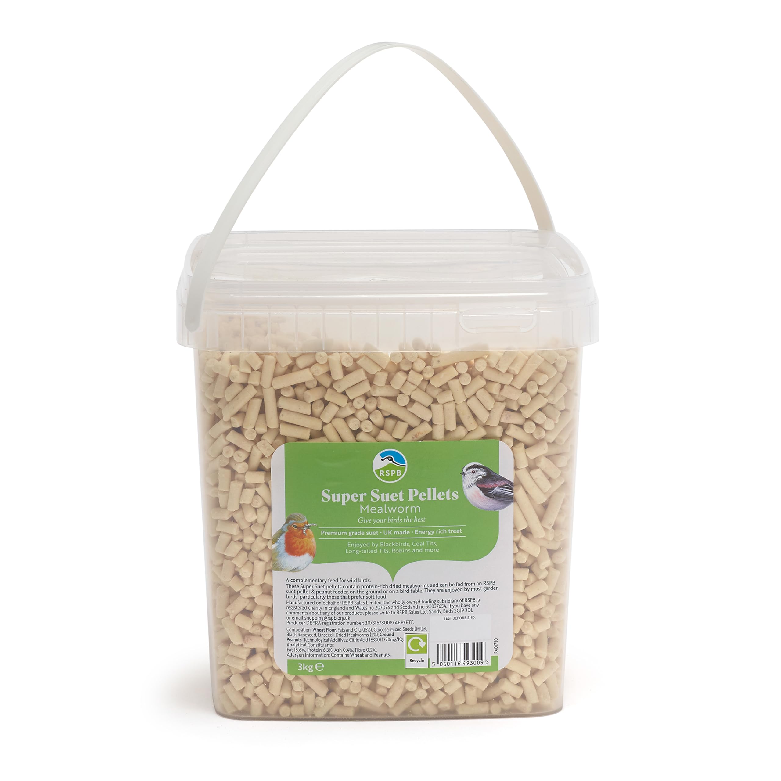 RSPB - Super Suet Pellets with Mealworms and Cereal, Wild Bird Food High in Energy and Nutrients, Great for Bird Tables and Ground Feeding, High in Protein (3kg Tub)
