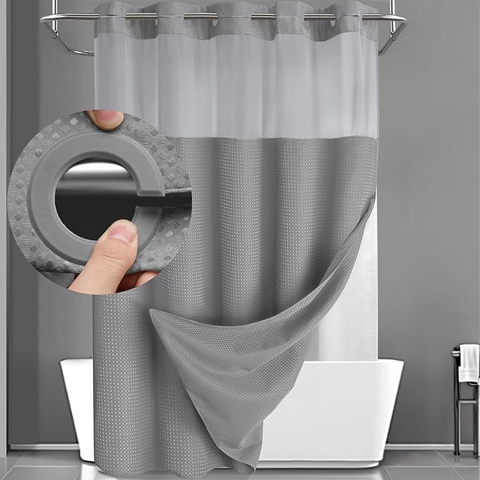 No Hook Shower Curtain with Snap in Liner Set Grey Waffle Shower Curtain for Bathroom 75" L x 72" W Gray