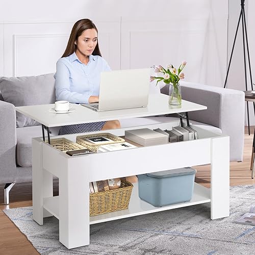 Miniatura 2 de Mesa auxiliar elevable, mesa de centro blanca de almacenamiento con compartimento oculto, mesa central de mesa de madera para sala de estar, sala de