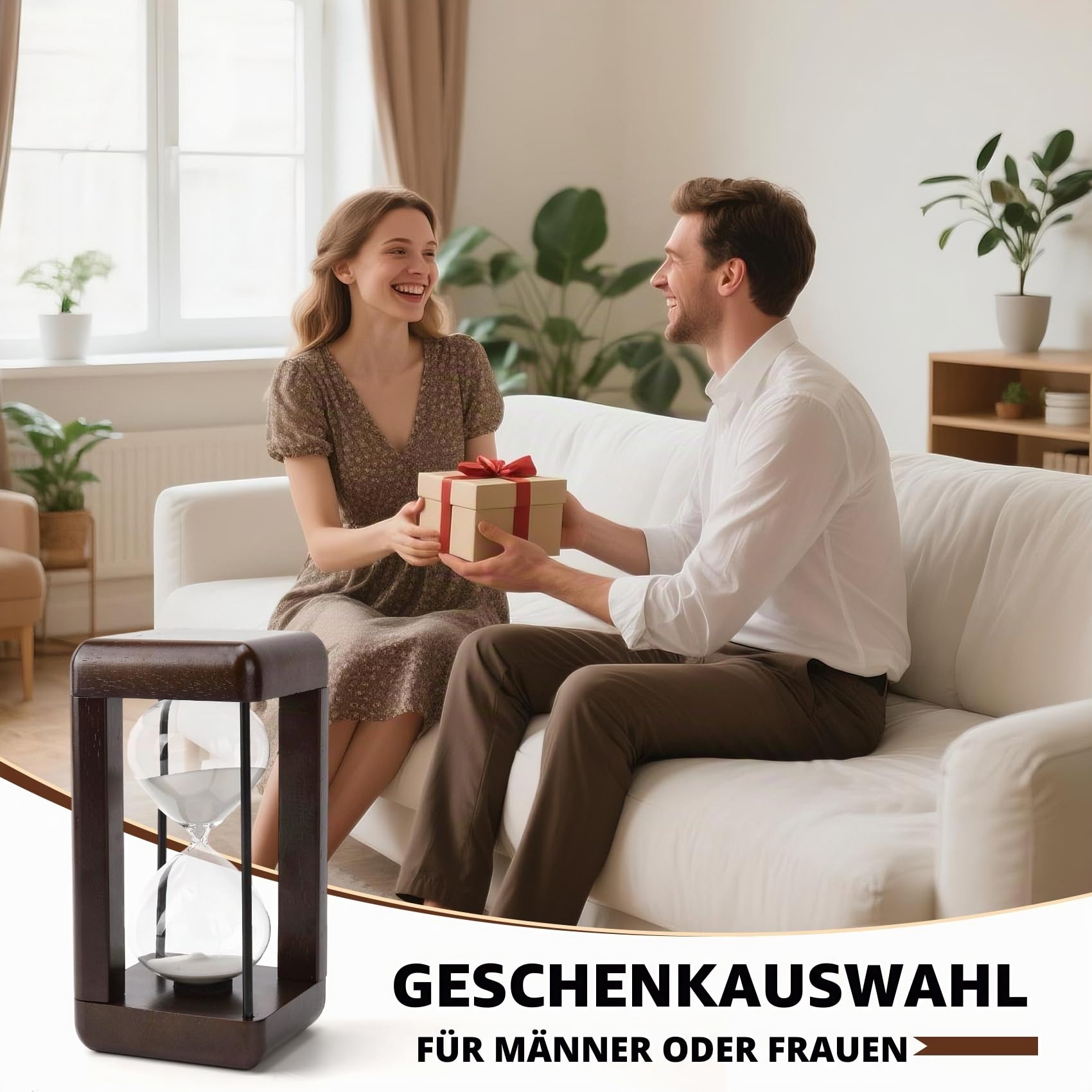 Sanduhr 60 Minuten,Premium Sanduhr aus Walnussholz, Sanduhren Timer, Tischdekoration, geeignet zum Kochen,Zähneputzen,Büro, Hochzeitsdekoration (Weiß)